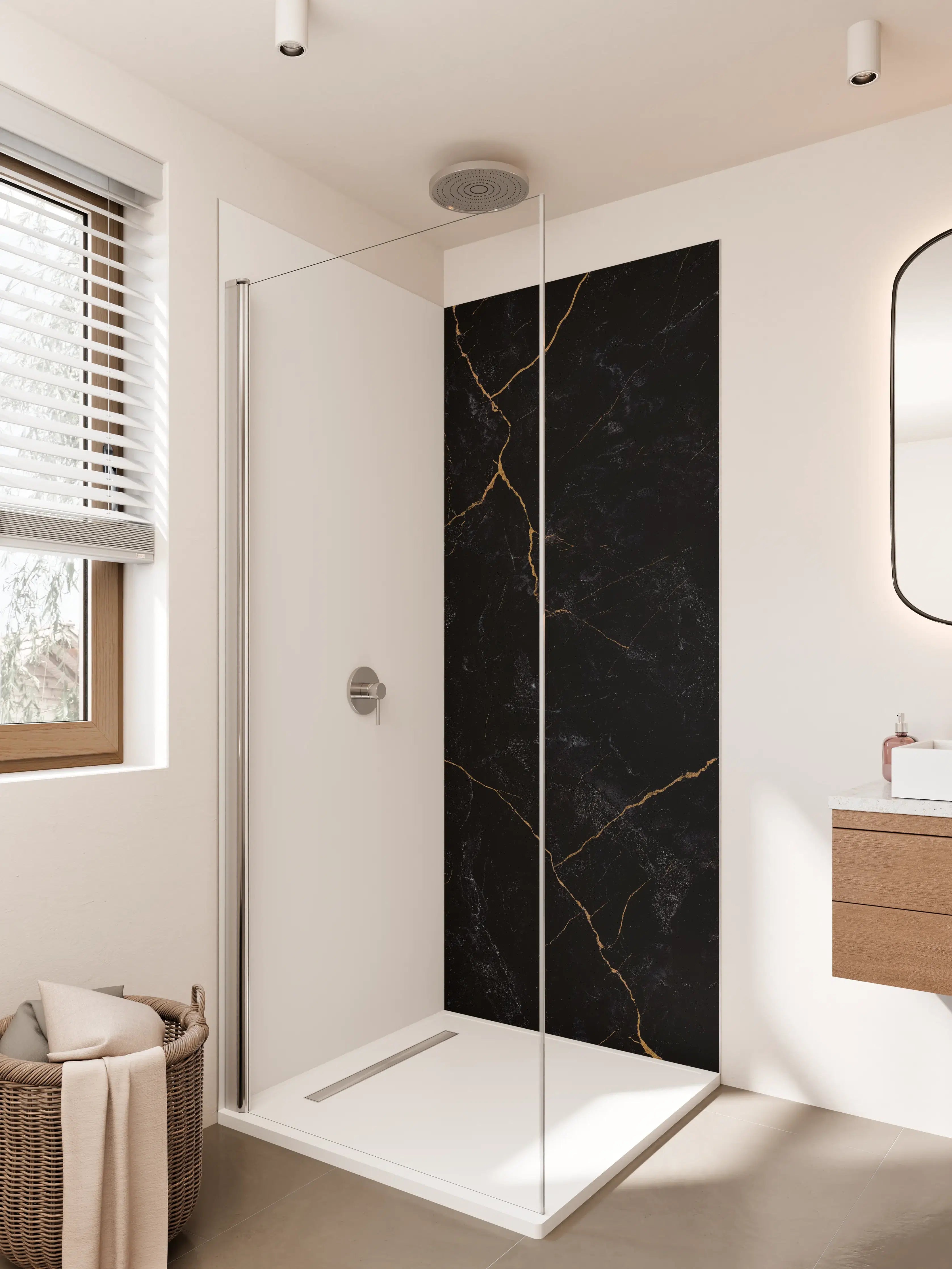 Duschrückwand - Schwarze Marmor-Textur mit goldenen Adern