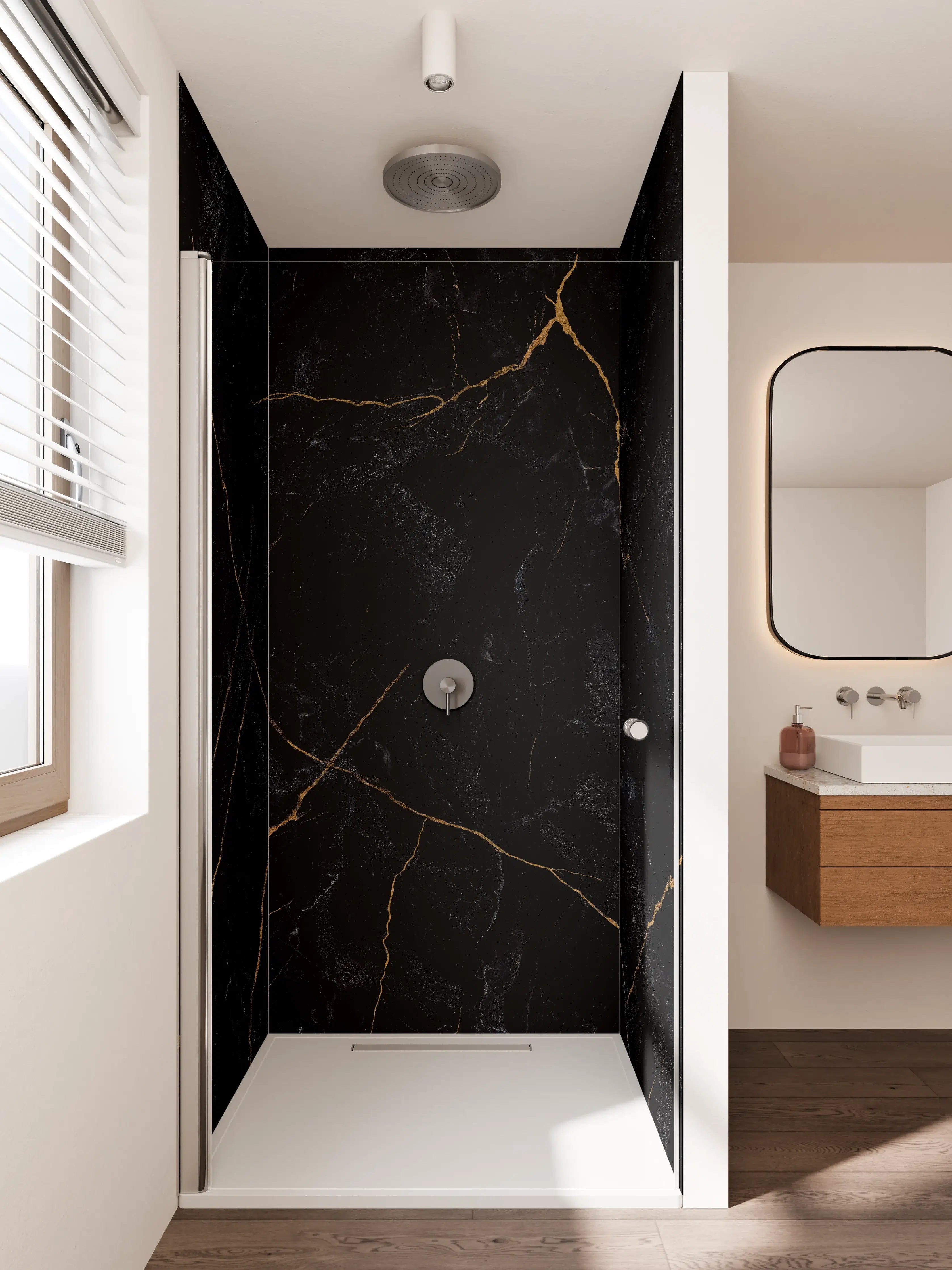 Duschrückwand - Schwarze Marmor-Textur mit goldenen Adern