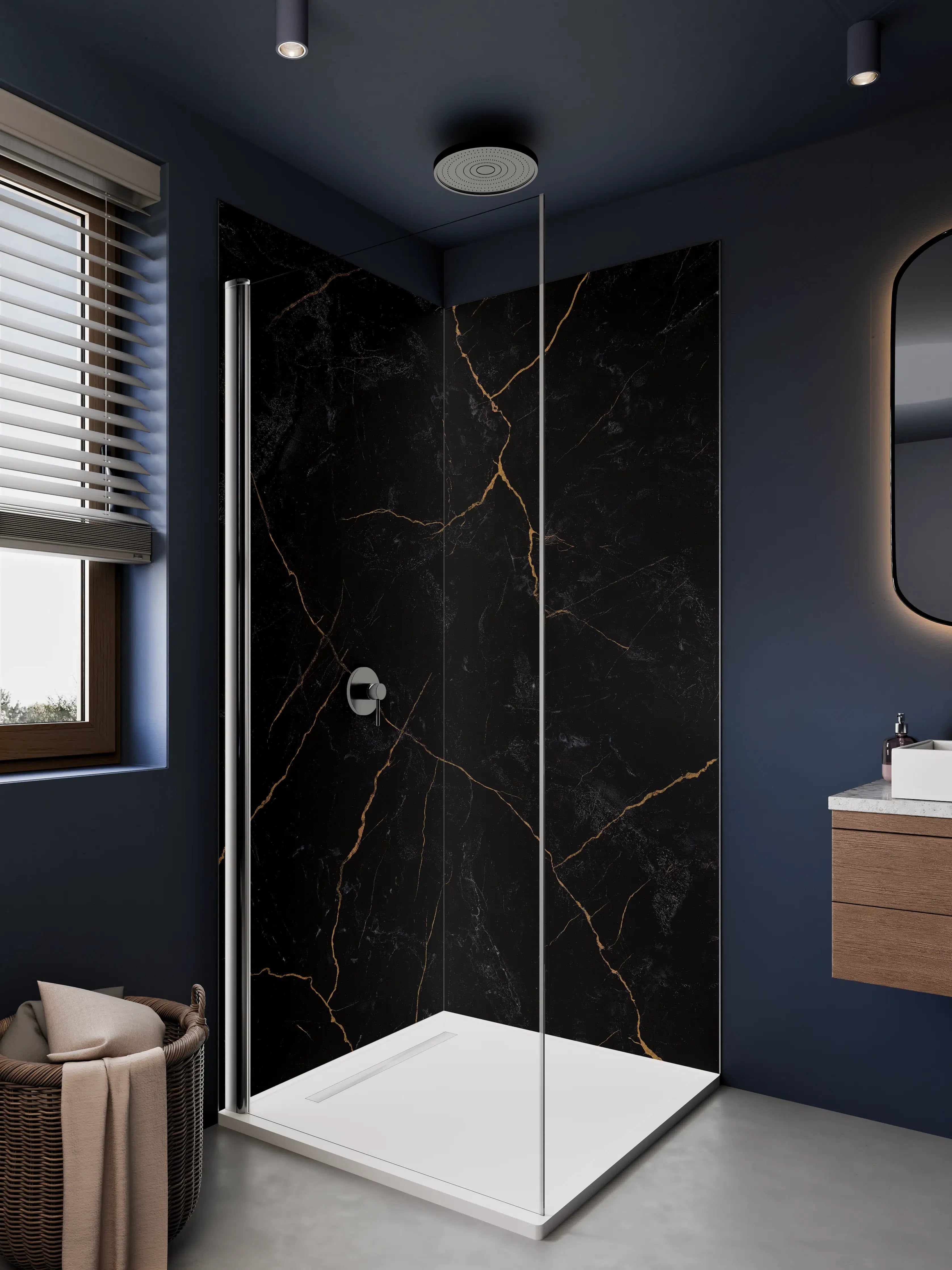 Duschrückwand - Schwarze Marmor-Textur mit goldenen Adern