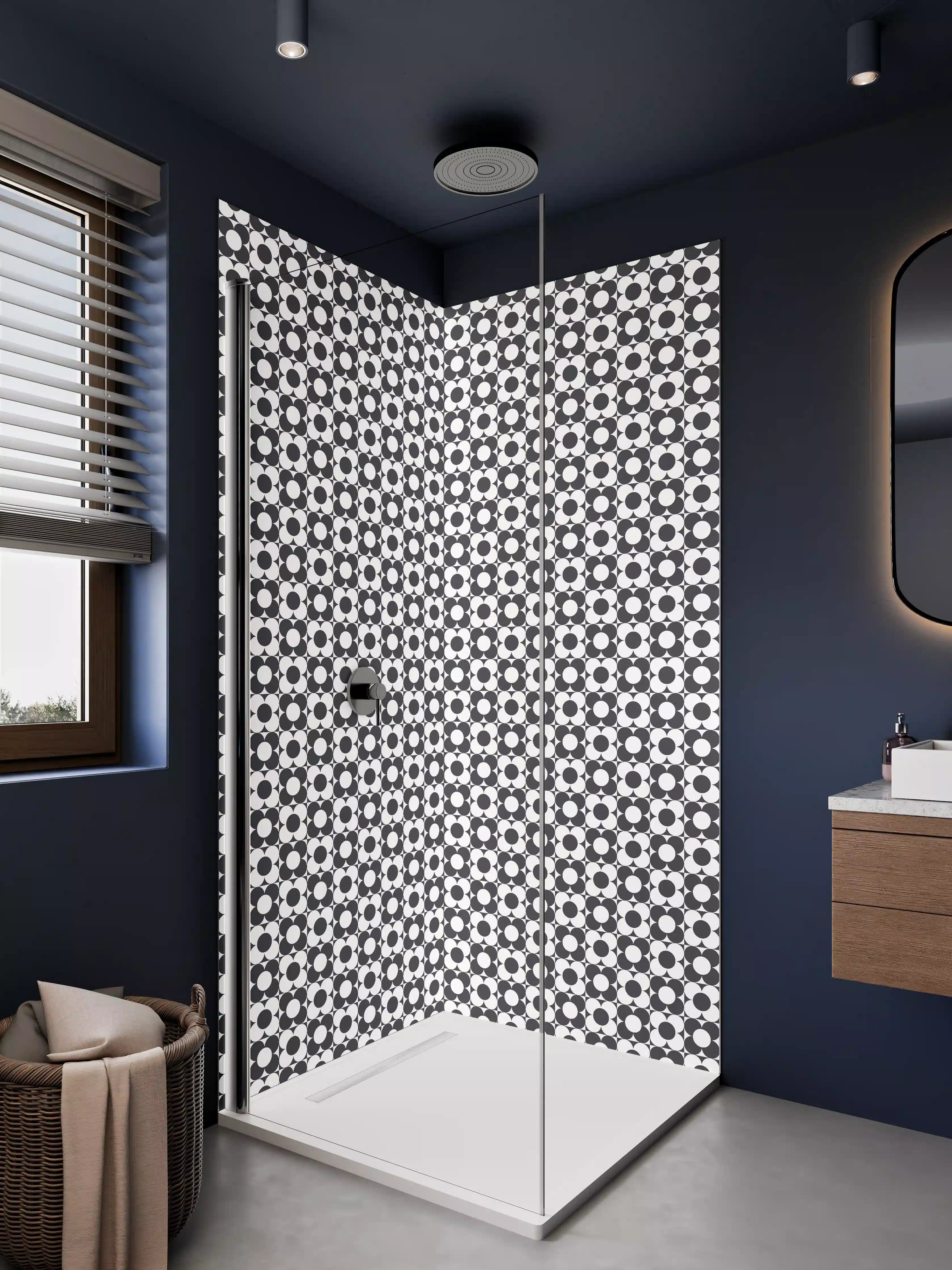 Duschrückwand - Schwarze und Weiße geometrische Blümchenmuster
