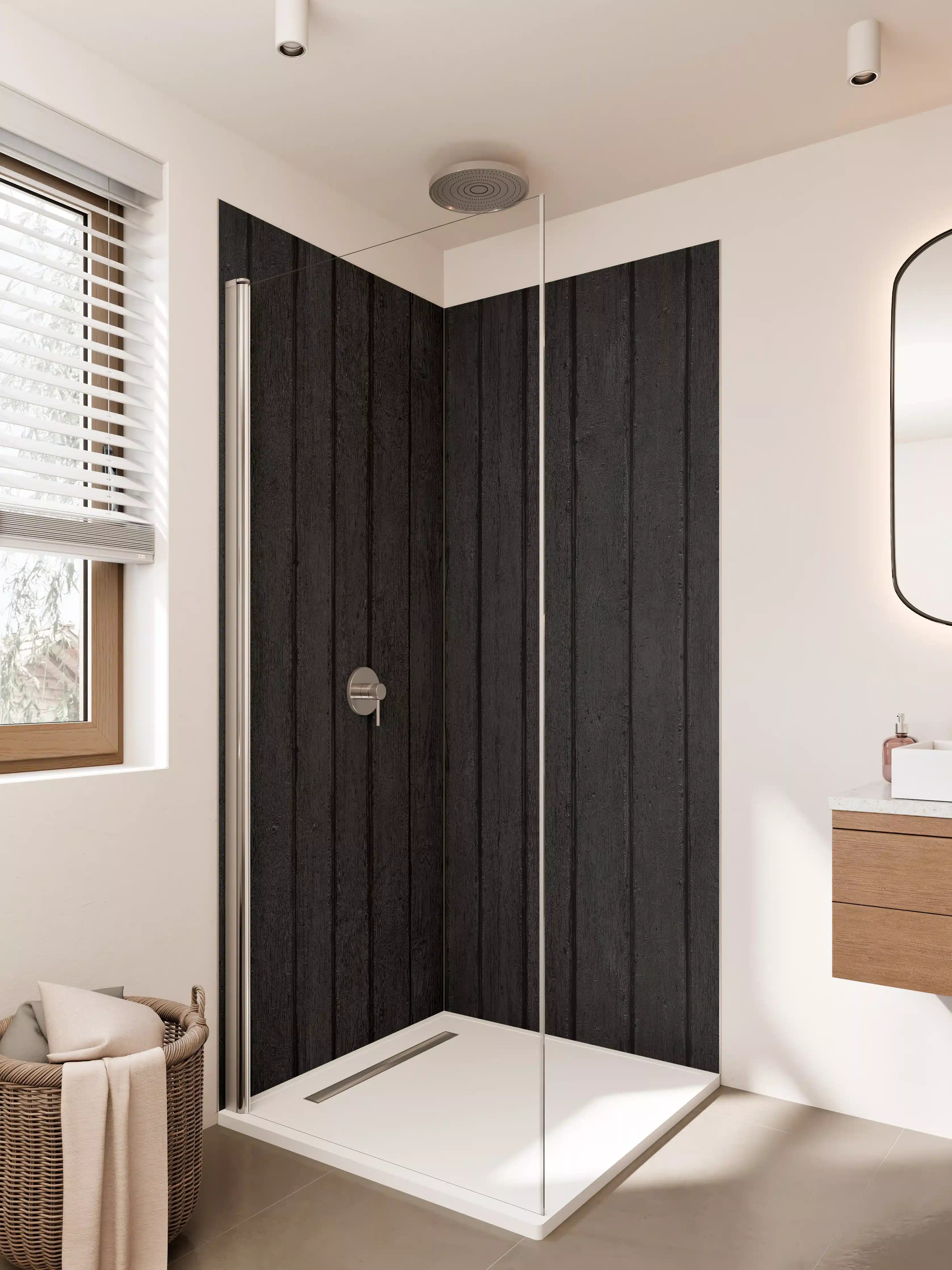 Duschrückwand - Schwarzer Holzboden in dunkler Optik