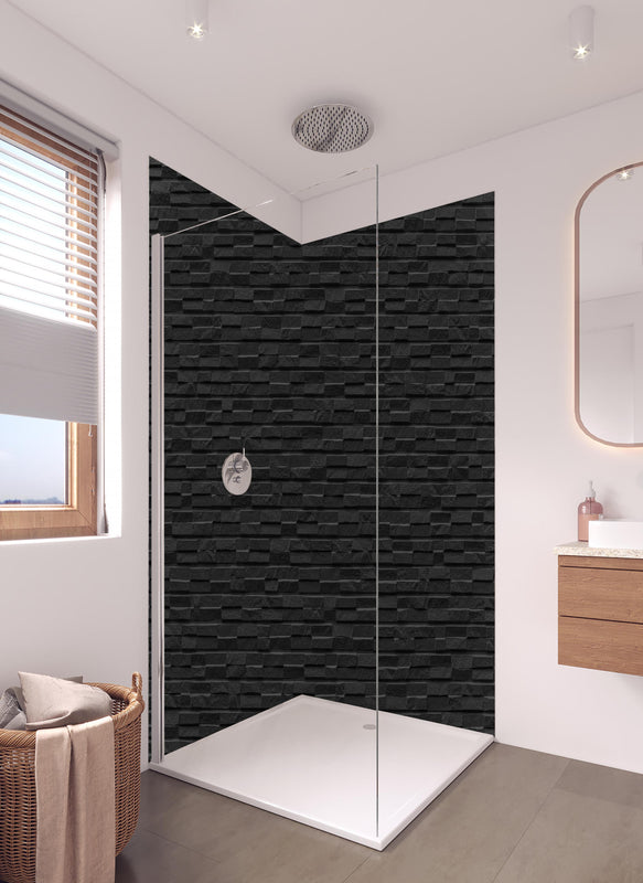 Duschrückwand - Schwarzer Stein Ziegel Textur und Hintergrund in hellem Badezimmer mit Regenduschkopf  - zweiteilige Eck-Duschrückwand
