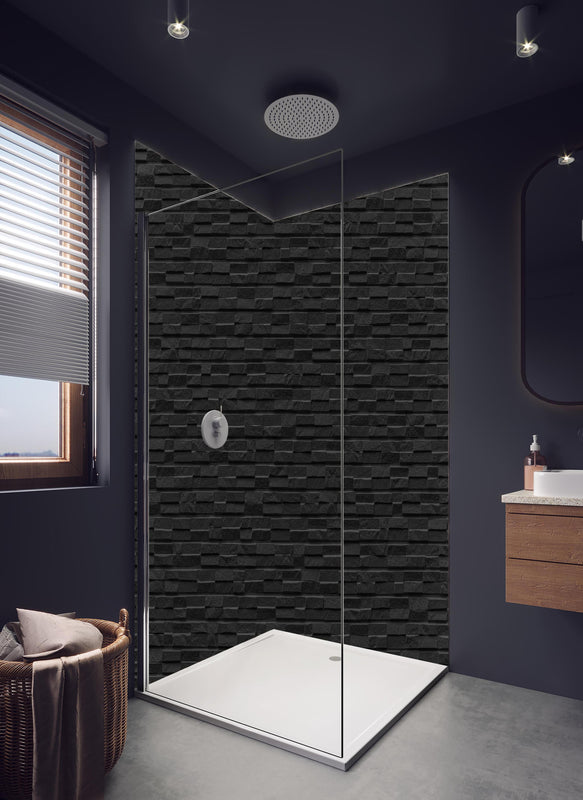 Duschrückwand - Schwarzer Stein Ziegel Textur und Hintergrund in hellem Badezimmer mit Regenduschkopf  - zweiteilige Eck-Duschrückwand