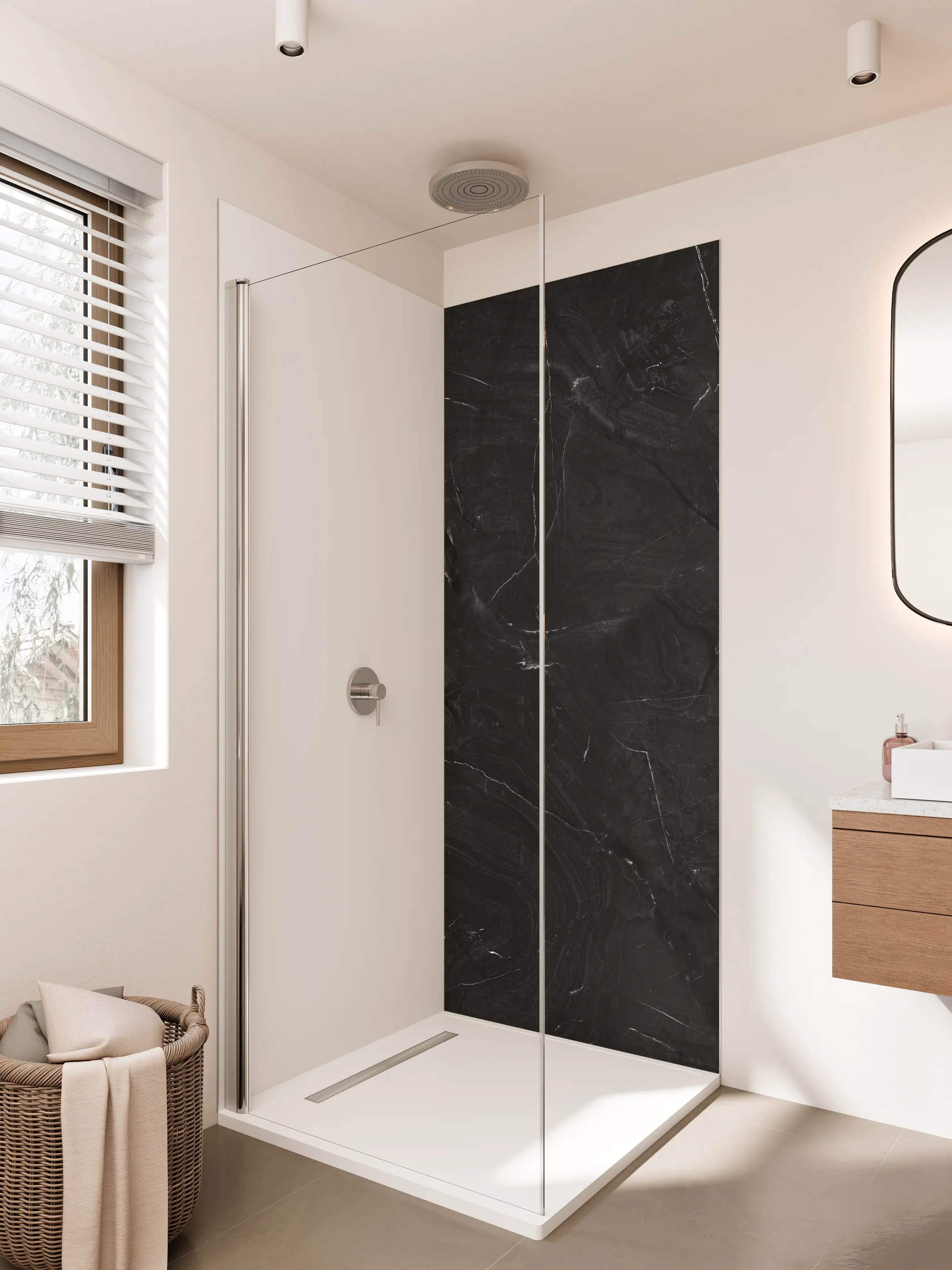 Duschrückwand - Schwarzes Marmor-Design mit Grautönen
