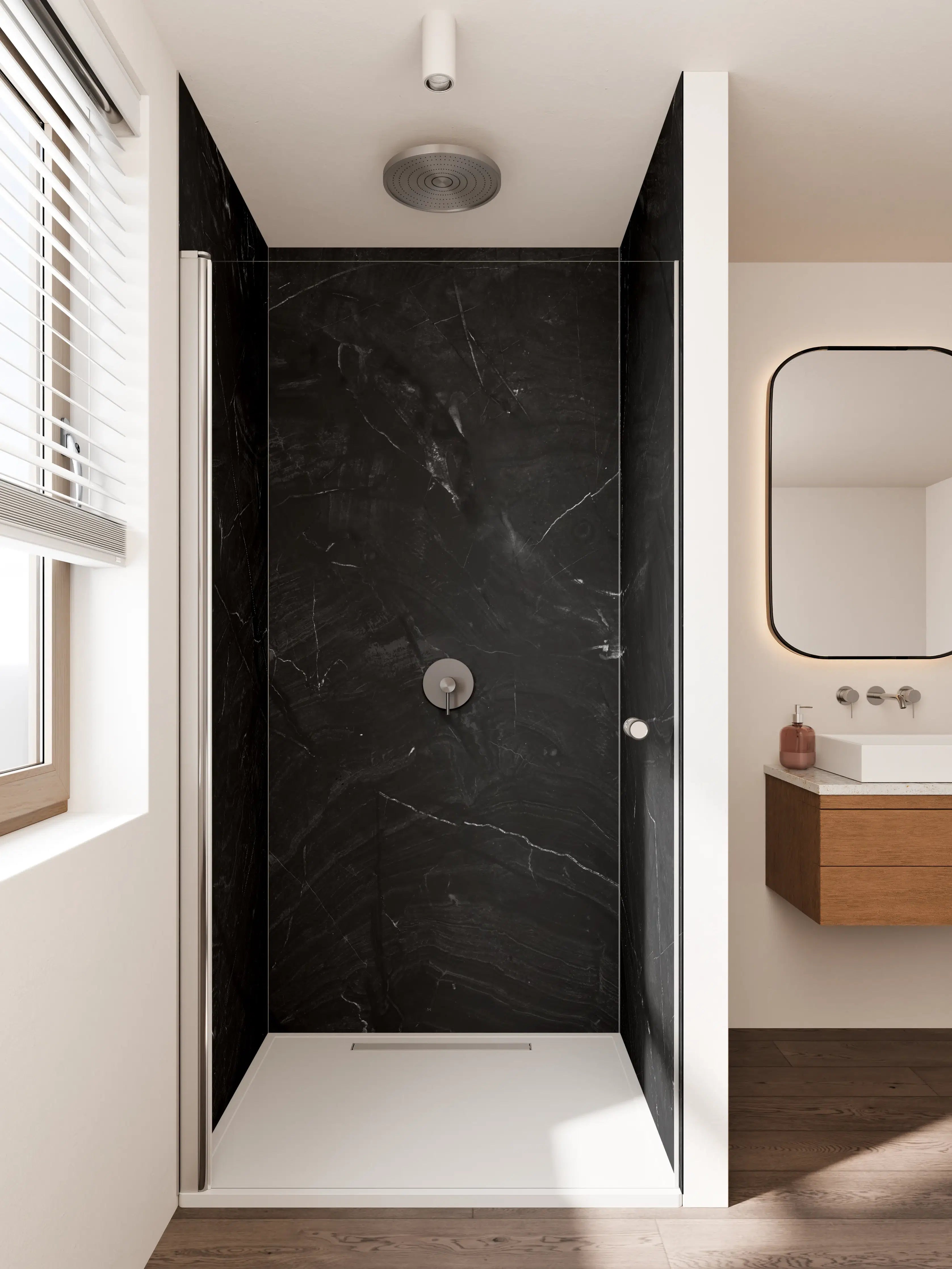 Duschrückwand - Schwarzes Marmor-Design mit Grautönen