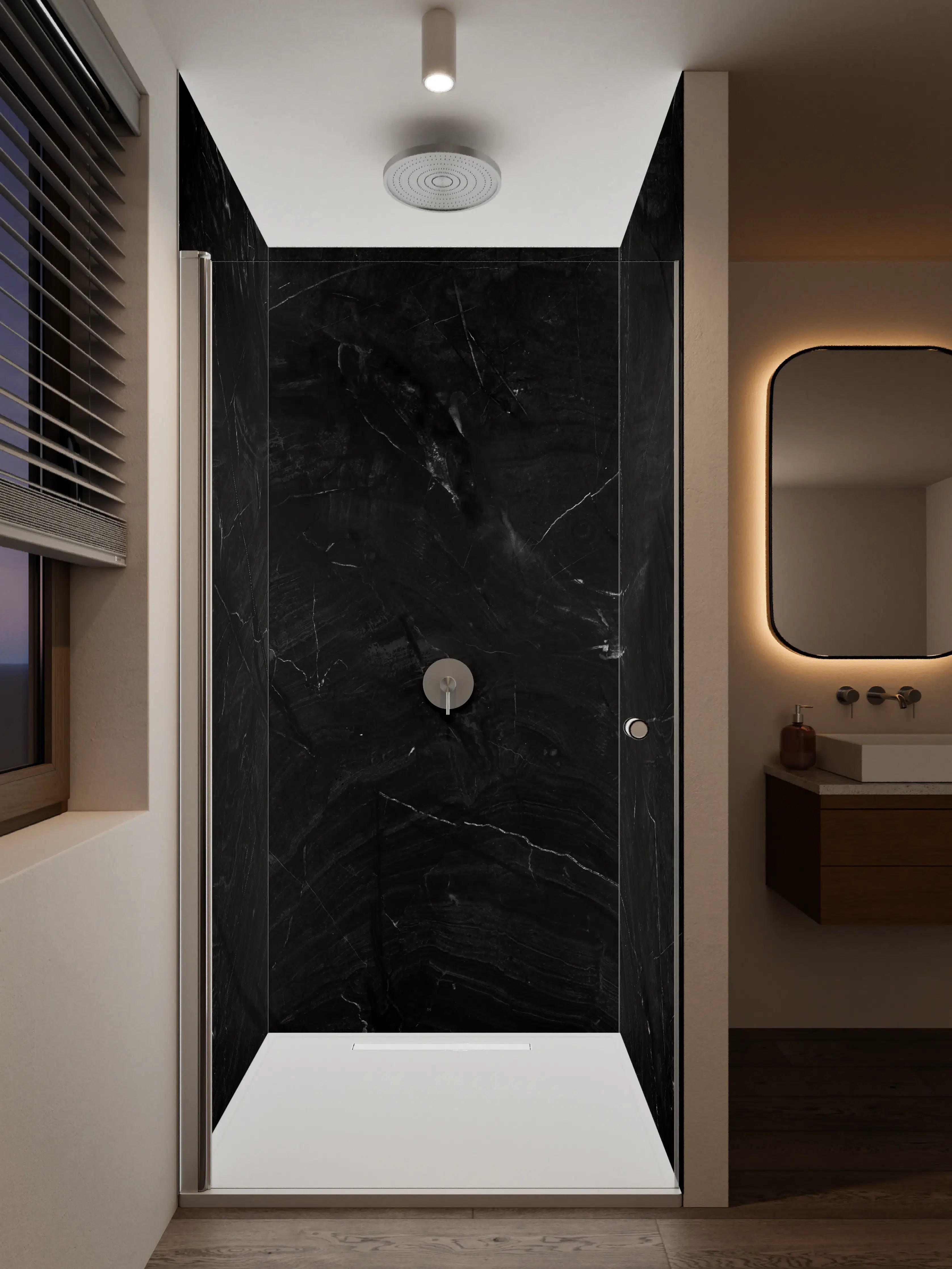 Duschrückwand - Schwarzes Marmor-Design mit Grautönen