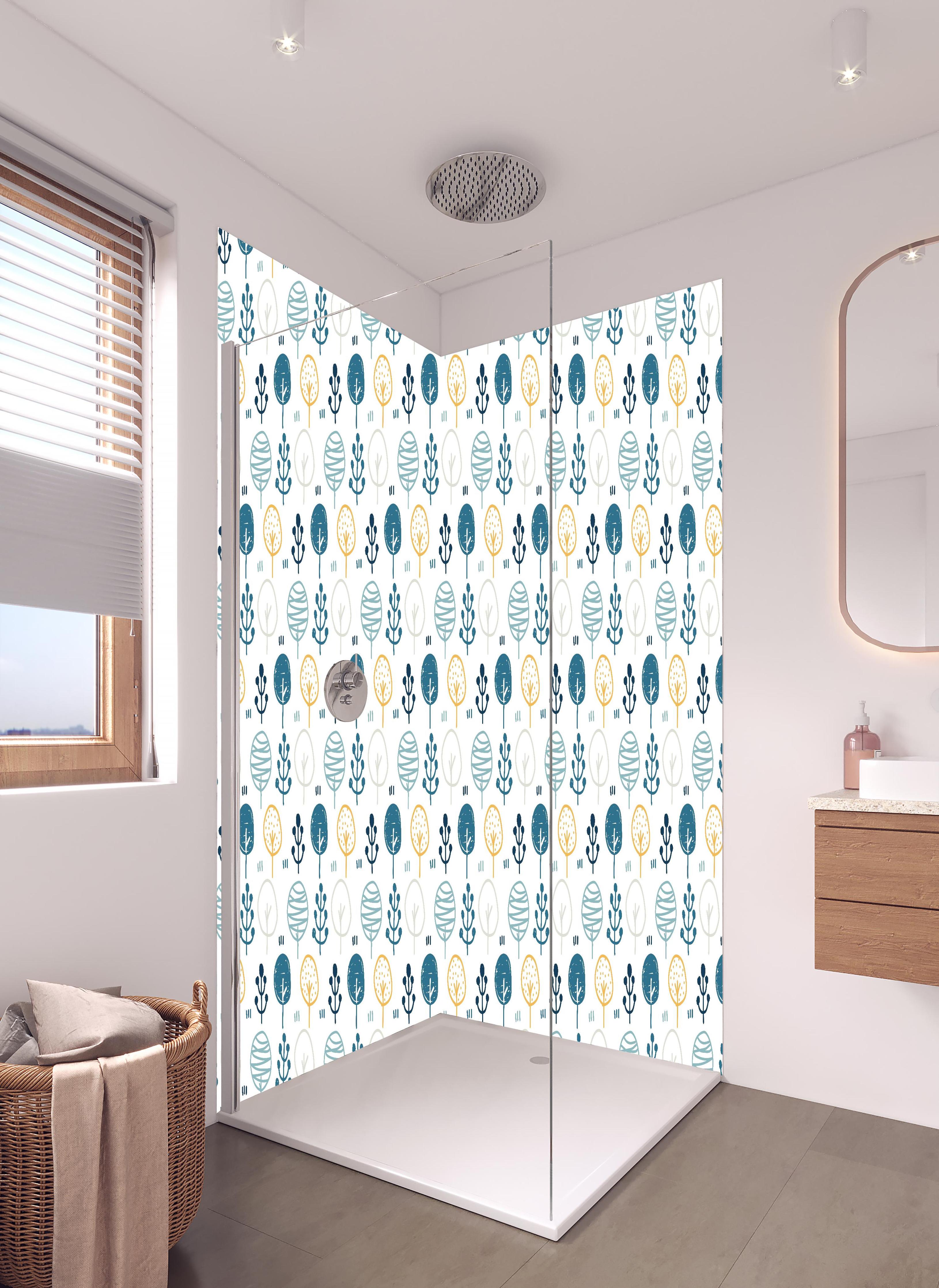 Duschrückwand - Seamless Scandinavian Abstract Pattern Design in hellem Badezimmer mit Regenduschkopf  - zweiteilige Eck-Duschrückwand