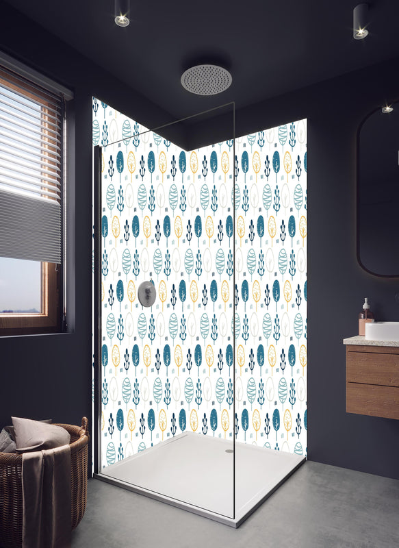 Duschrückwand - Seamless Scandinavian Abstract Pattern Design in hellem Badezimmer mit Regenduschkopf  - zweiteilige Eck-Duschrückwand