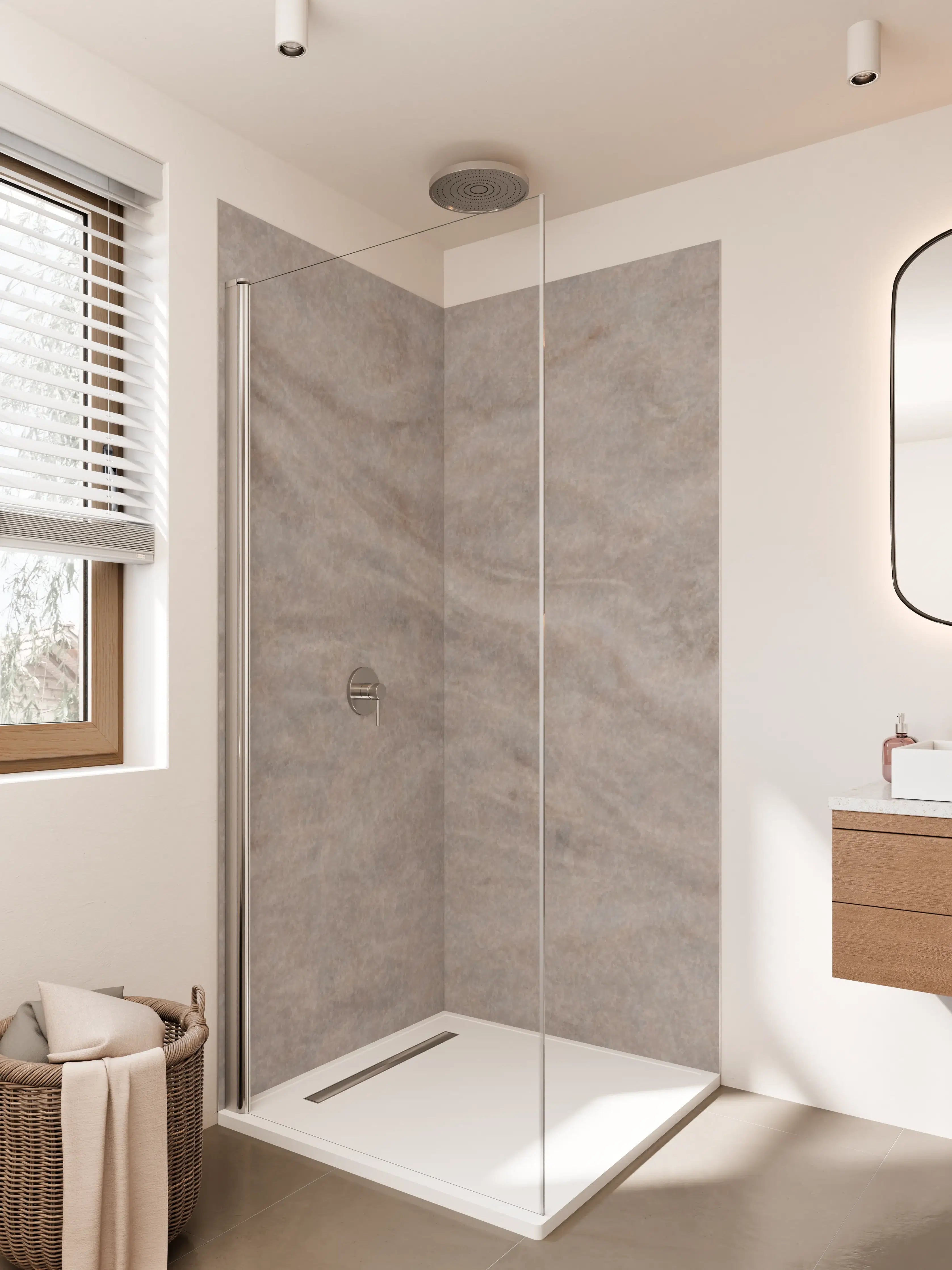 Duschrückwand - Seidige Grau-Beige Marmortextur