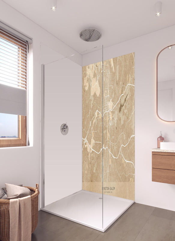 Duschrückwand - Sepia-Ton Vintage-Stil Karte von Winston-Salem in hellem Badezimmer mit Regenduschkopf  - zweiteilige Eck-Duschrückwand