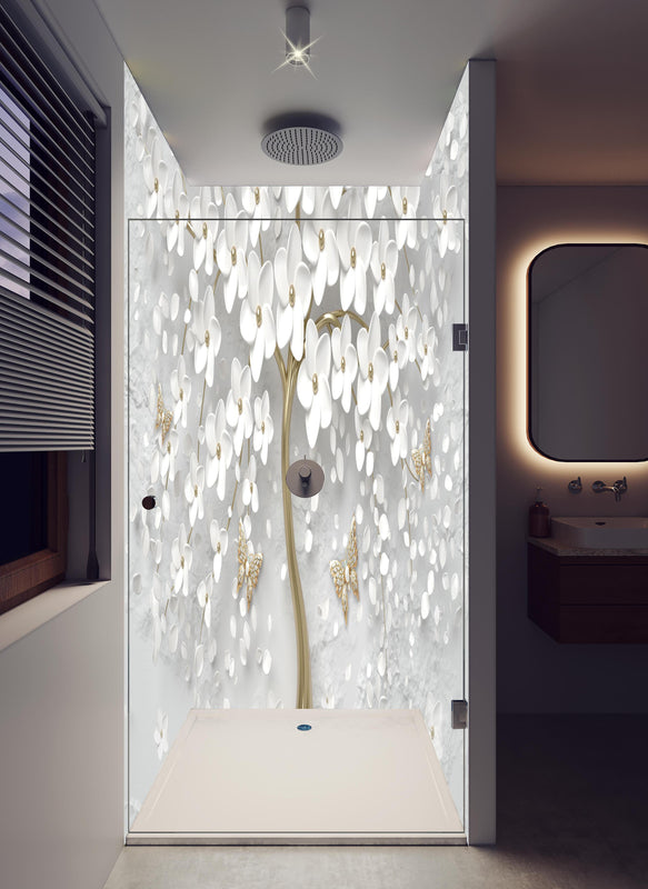 Duschrückwand - Silberner Baum - Floral in hellem Badezimmer mit Regenduschkopf  - zweiteilige Eck-Duschrückwand