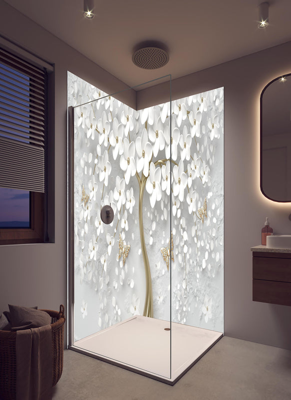 Duschrückwand - Silberner Baum - Floral in hellem Badezimmer mit Regenduschkopf  - zweiteilige Eck-Duschrückwand