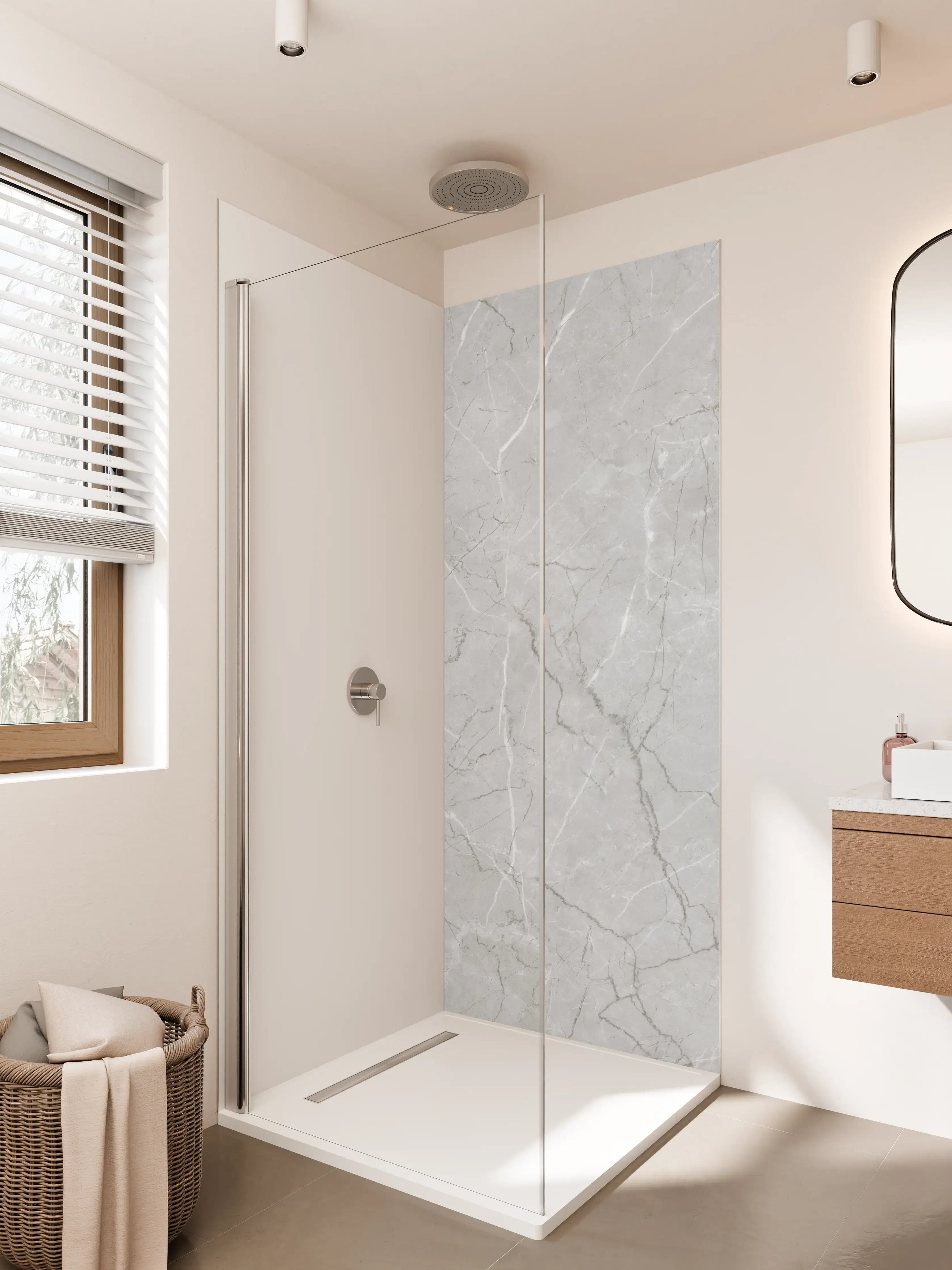 Duschrückwand - Silberner Marmor mit Elfenbeinadern