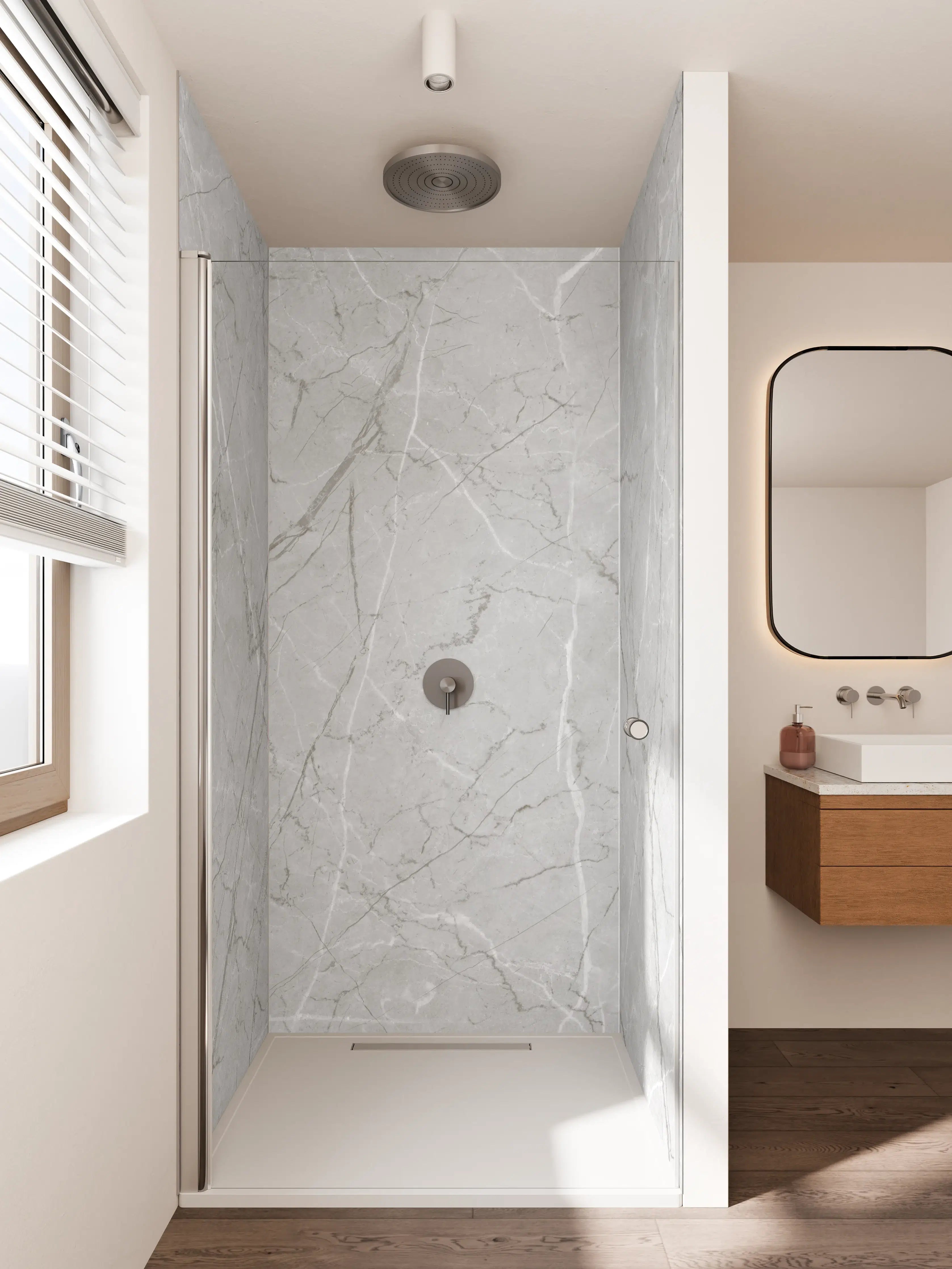 Duschrückwand - Silberner Marmor mit Elfenbeinadern