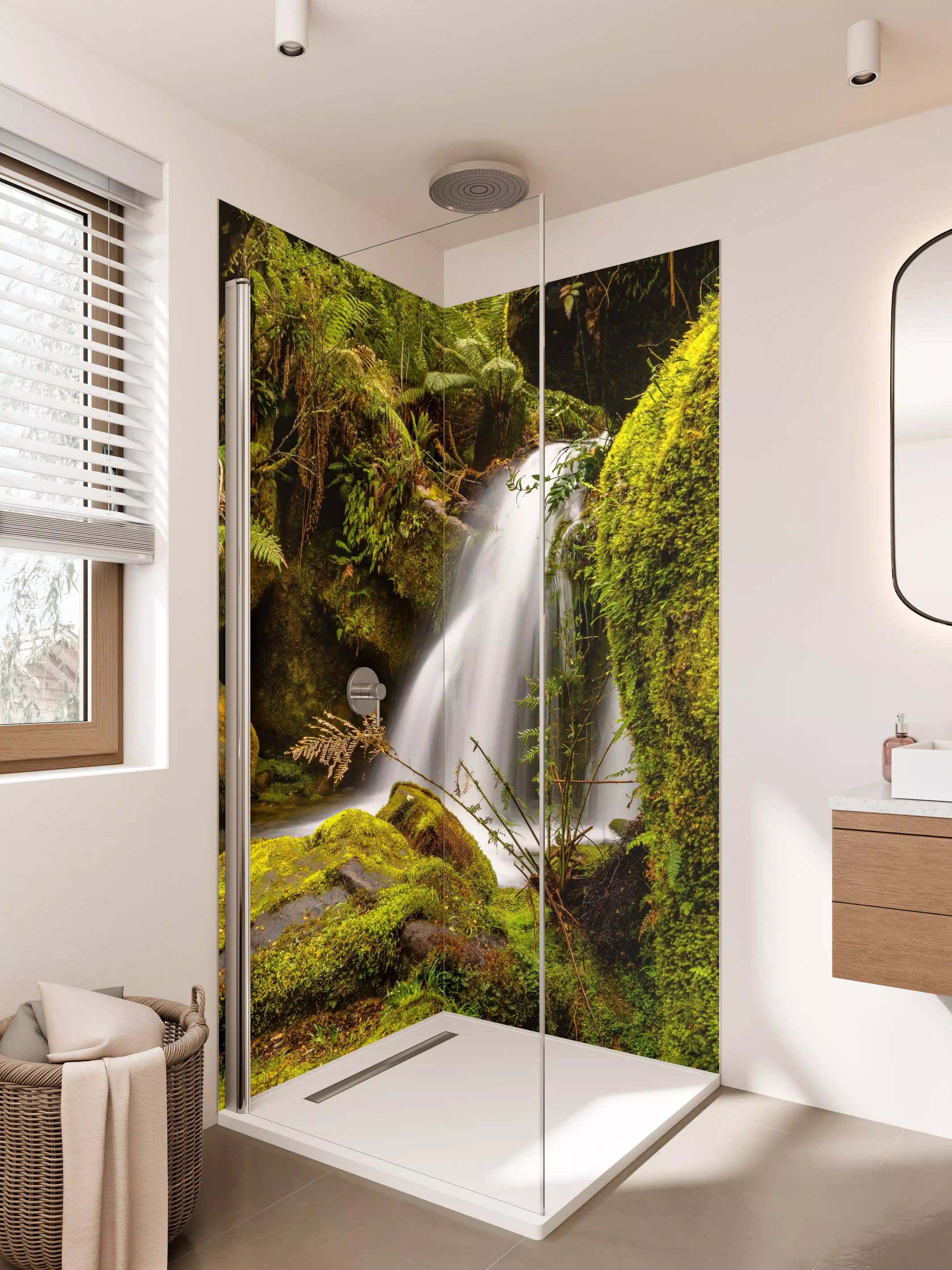 Duschrückwand - Silbriger Wasserfall im Mondwald