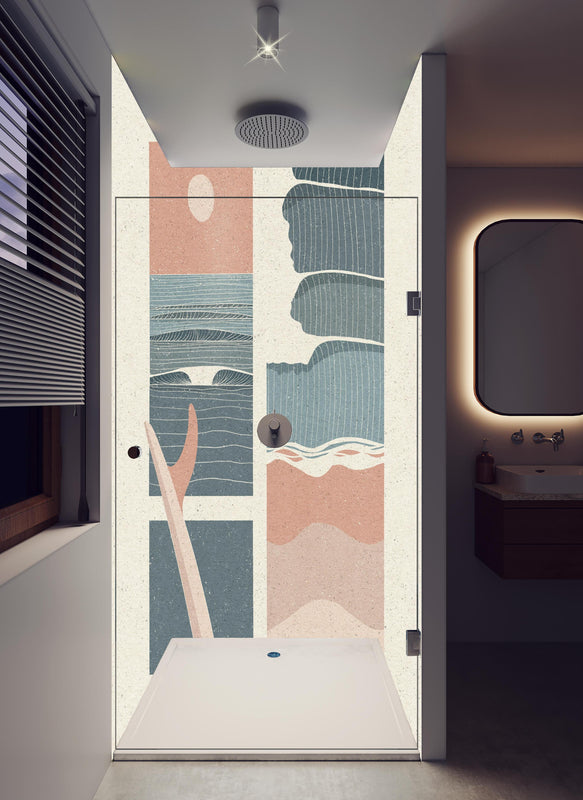 Duschrückwand - Sommer Kollage - Moderne Kunst in hellem Badezimmer mit Regenduschkopf  - zweiteilige Eck-Duschrückwand