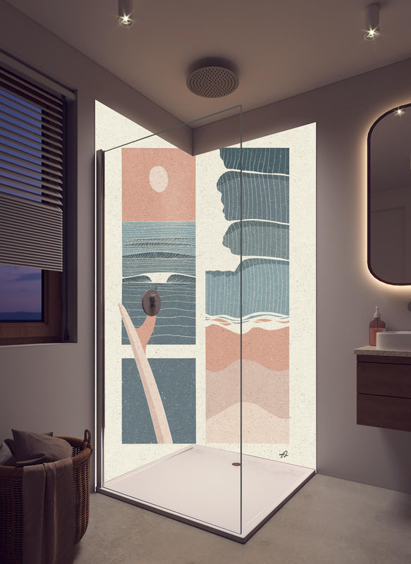Duschrückwand - Sommer Kollage - Moderne Kunst in hellem Badezimmer mit Regenduschkopf  - zweiteilige Eck-Duschrückwand