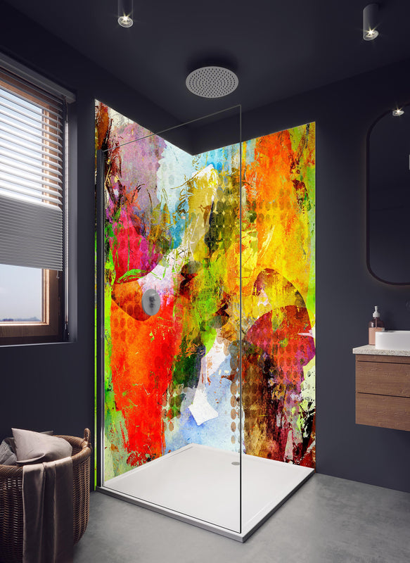 Duschrückwand - Sommerfarben im Graffiti-Stil in hellem Badezimmer mit Regenduschkopf  - zweiteilige Eck-Duschrückwand