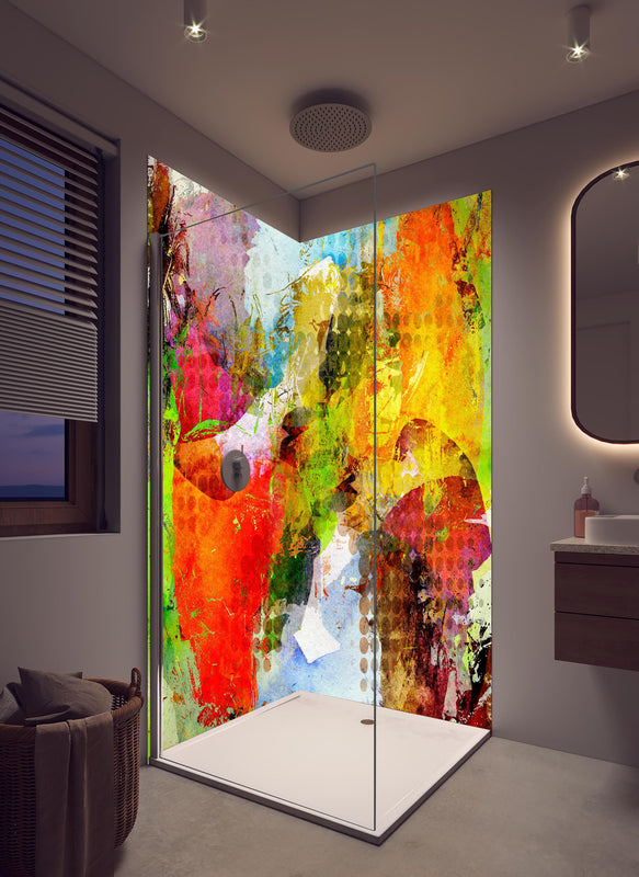 Duschrückwand - Sommerfarben im Graffiti-Stil in hellem Badezimmer mit Regenduschkopf  - zweiteilige Eck-Duschrückwand