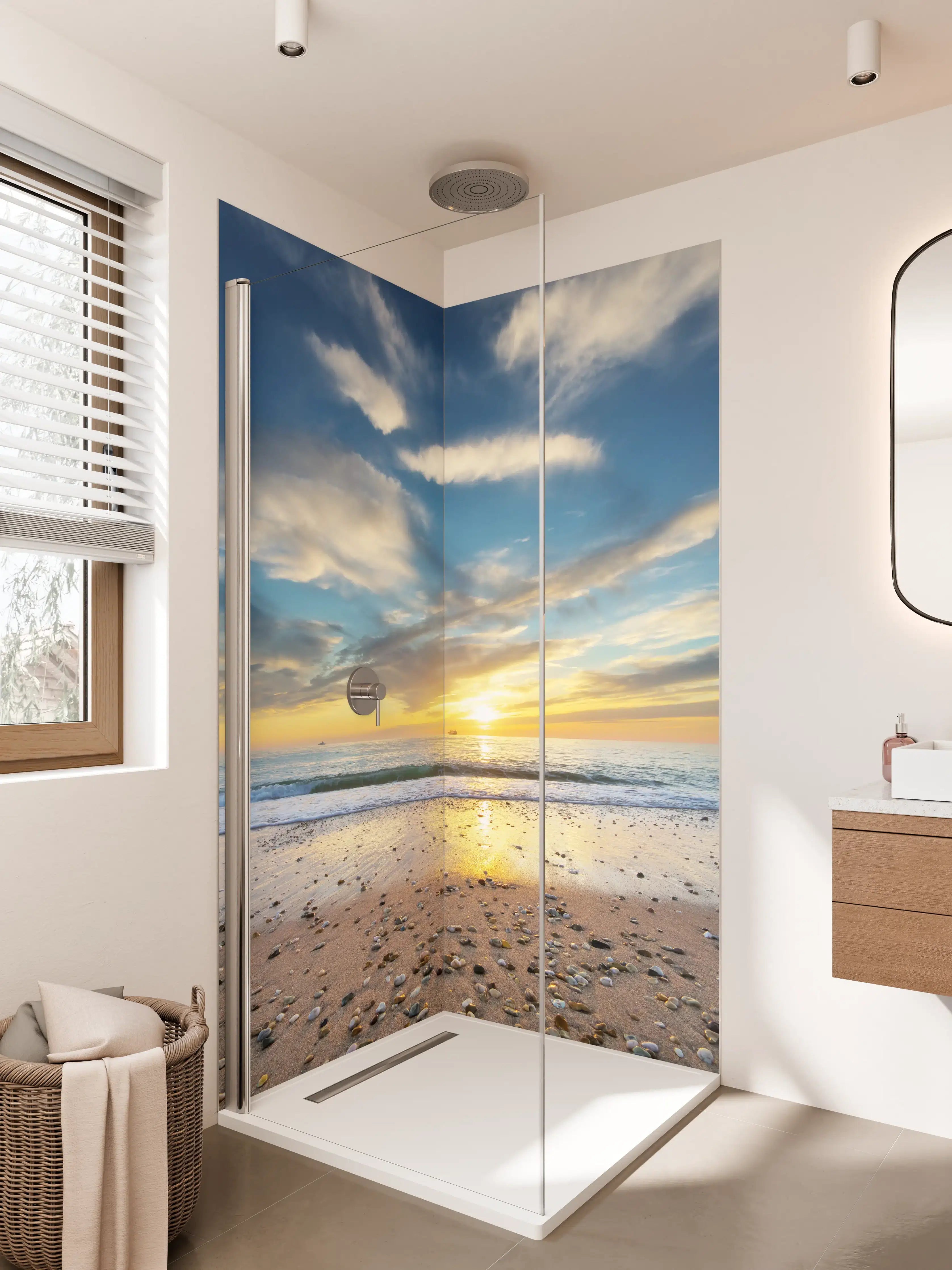 Duschrückwand - Sonnenaufgang am Meer mit Wolkenformationen
