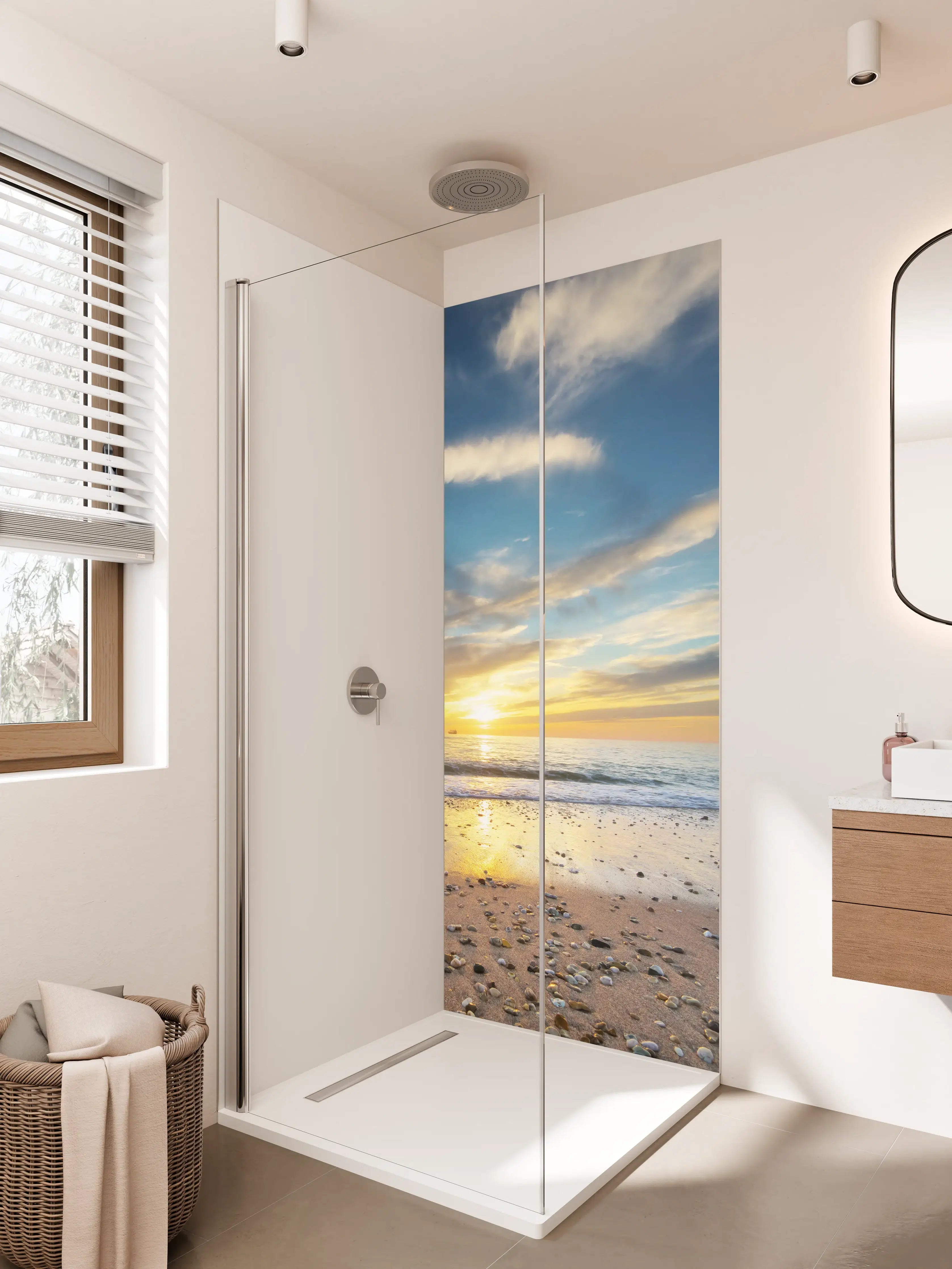 Duschrückwand - Sonnenaufgang am Meer mit Wolkenformationen