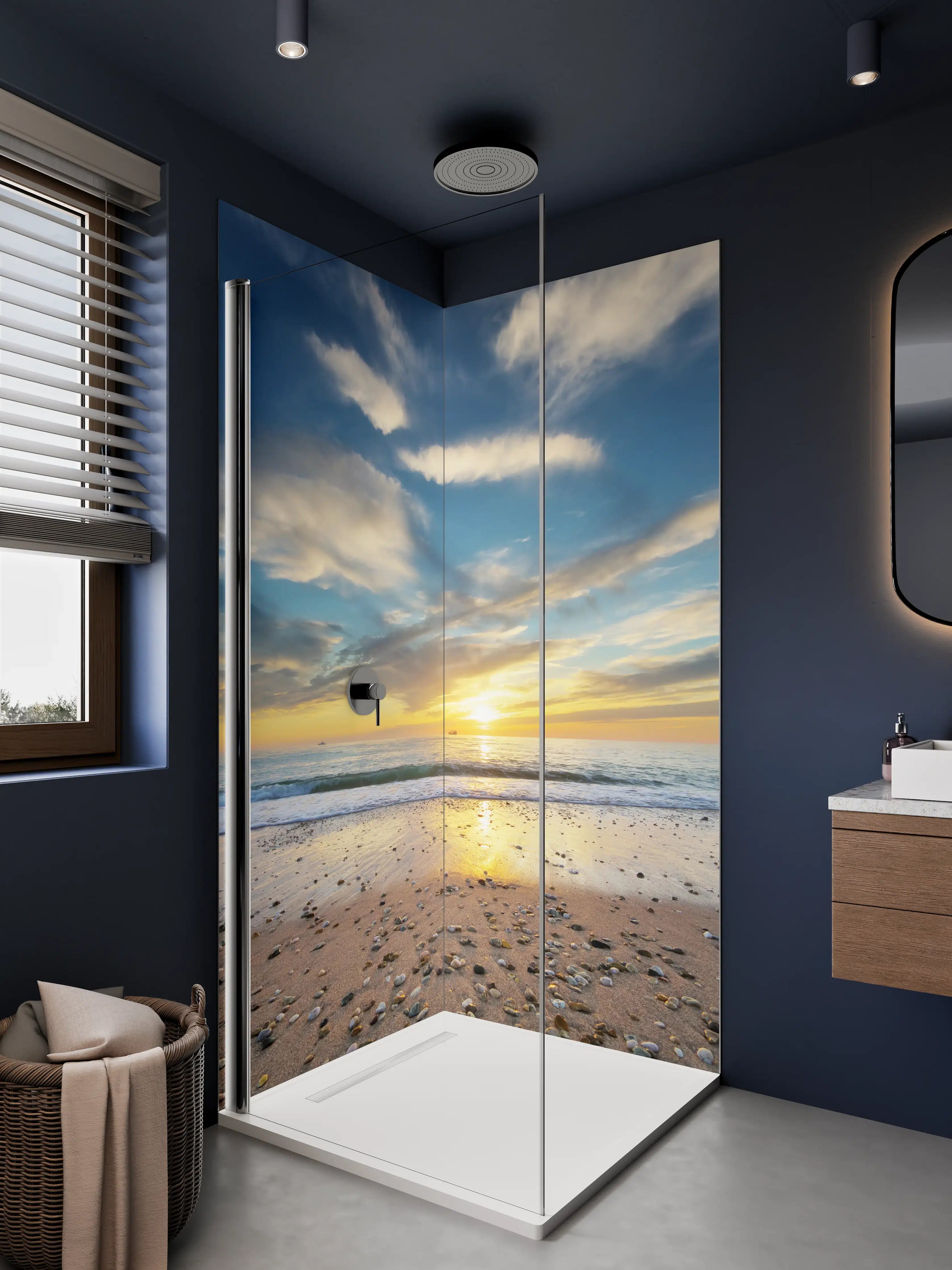 Duschrückwand - Sonnenaufgang am Meer mit Wolkenformationen