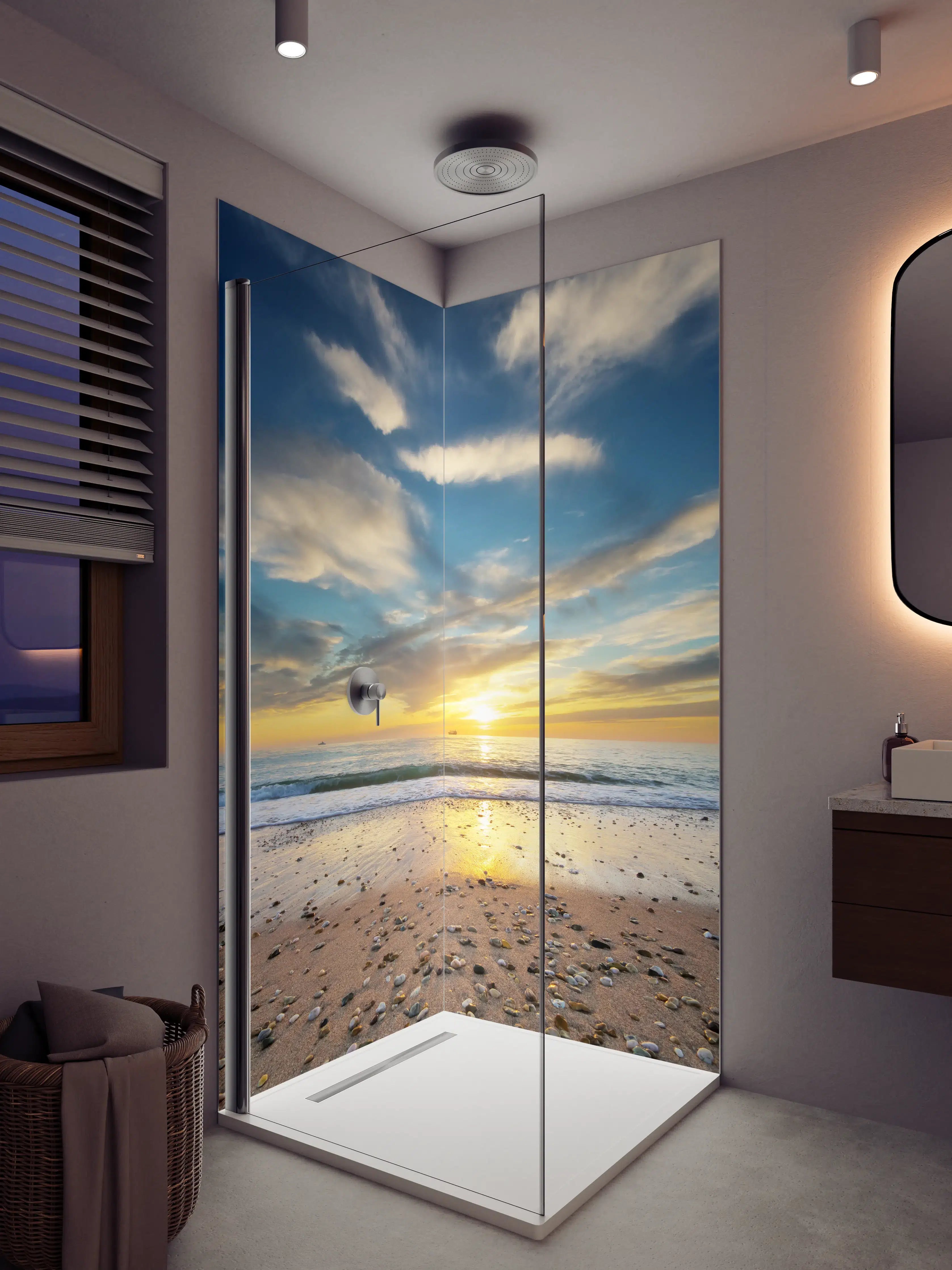 Duschrückwand - Sonnenaufgang am Meer mit Wolkenformationen