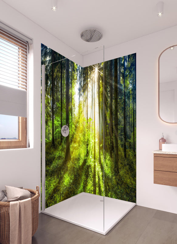 Duschrückwand - Sonnenstrahlen im lebendigem Wald  in hellem Badezimmer mit Regenduschkopf  - zweiteilige Eck-Duschrückwand