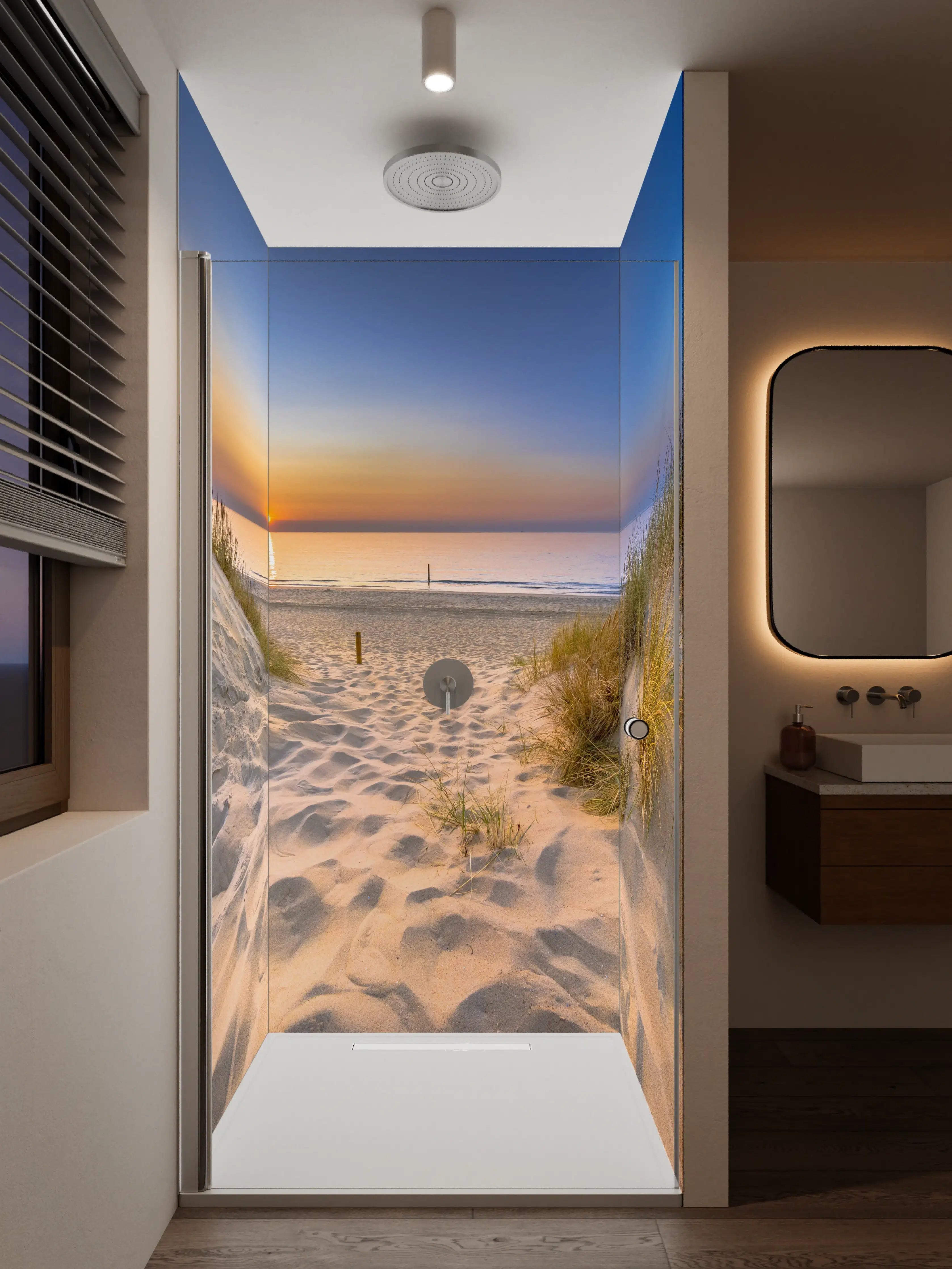 Duschrückwand - Sonnenuntergang am Strand in sanften Farben