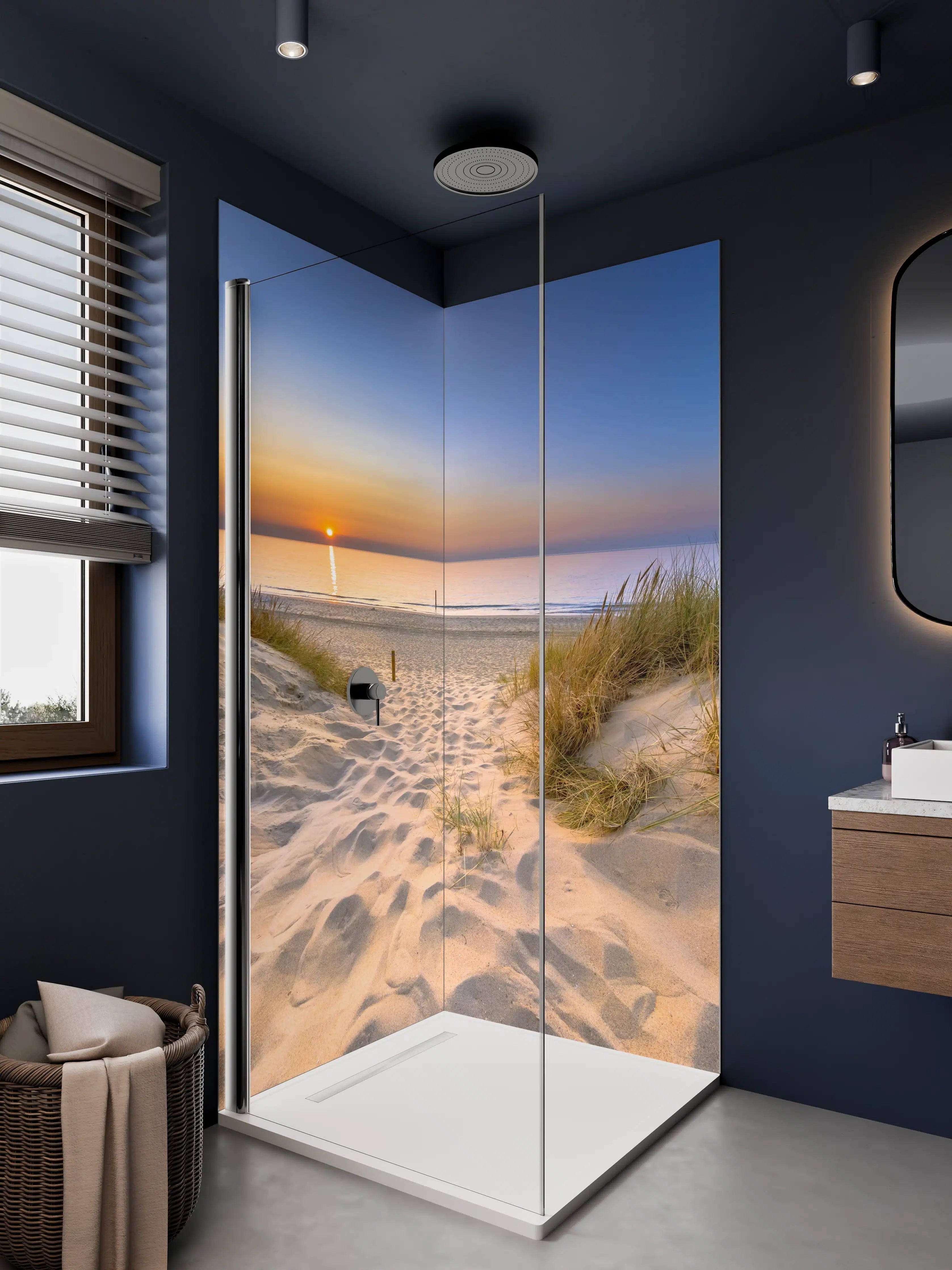 Duschrückwand - Sonnenuntergang am Strand in sanften Farben