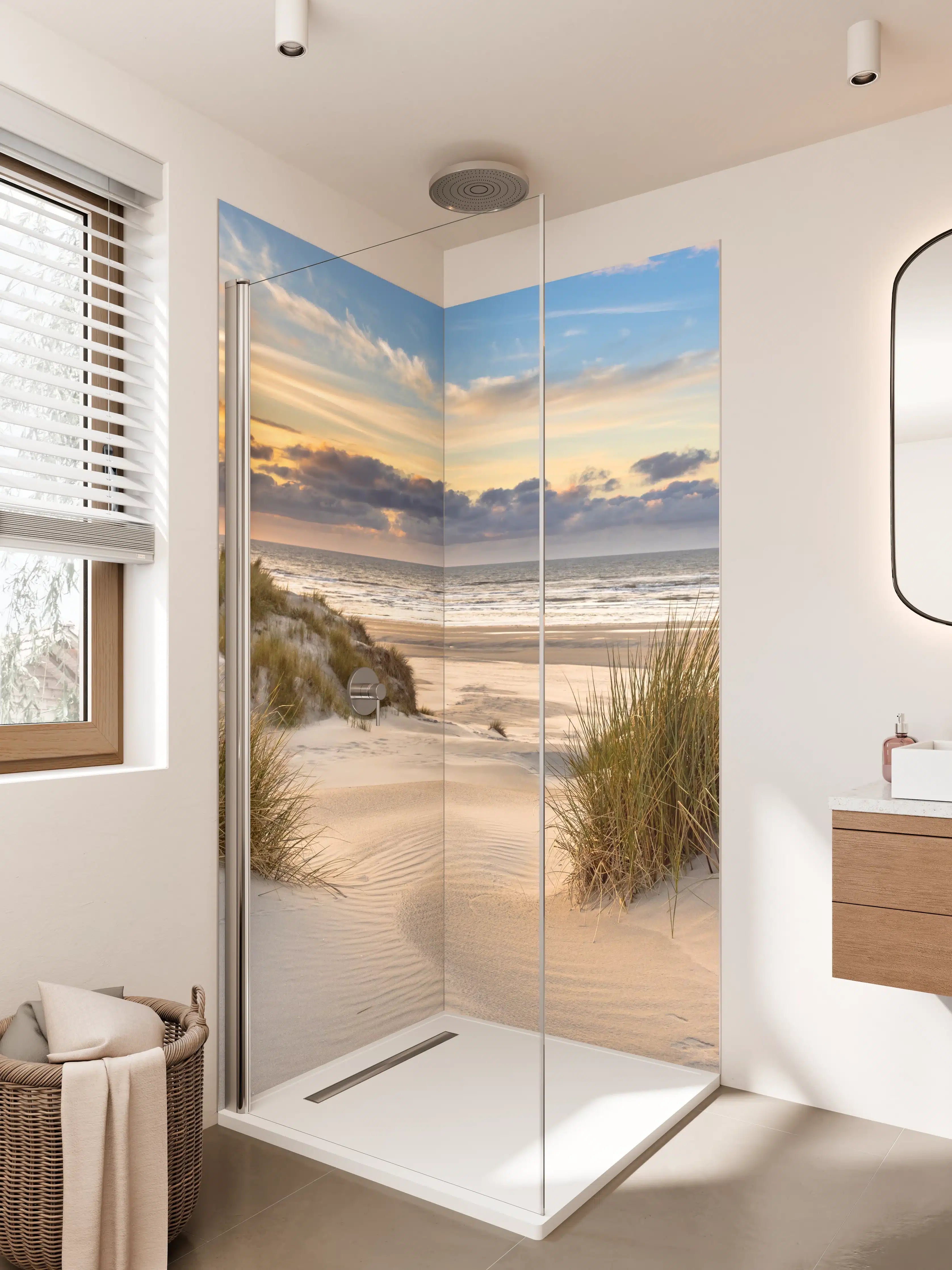 Duschrückwand - Sonnenuntergang an der Küste mit Sanddünen