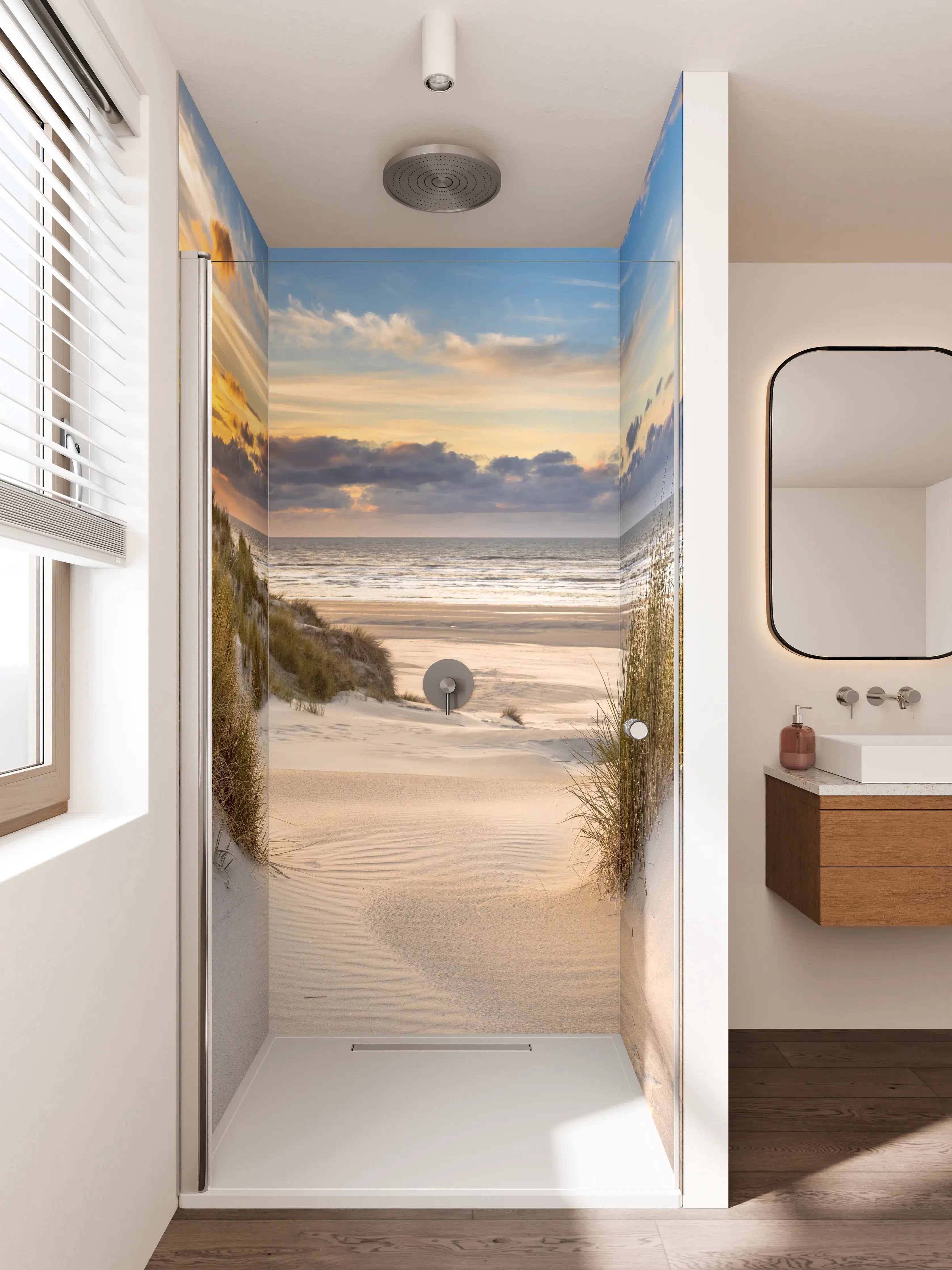 Duschrückwand - Sonnenuntergang an der Küste mit Sanddünen