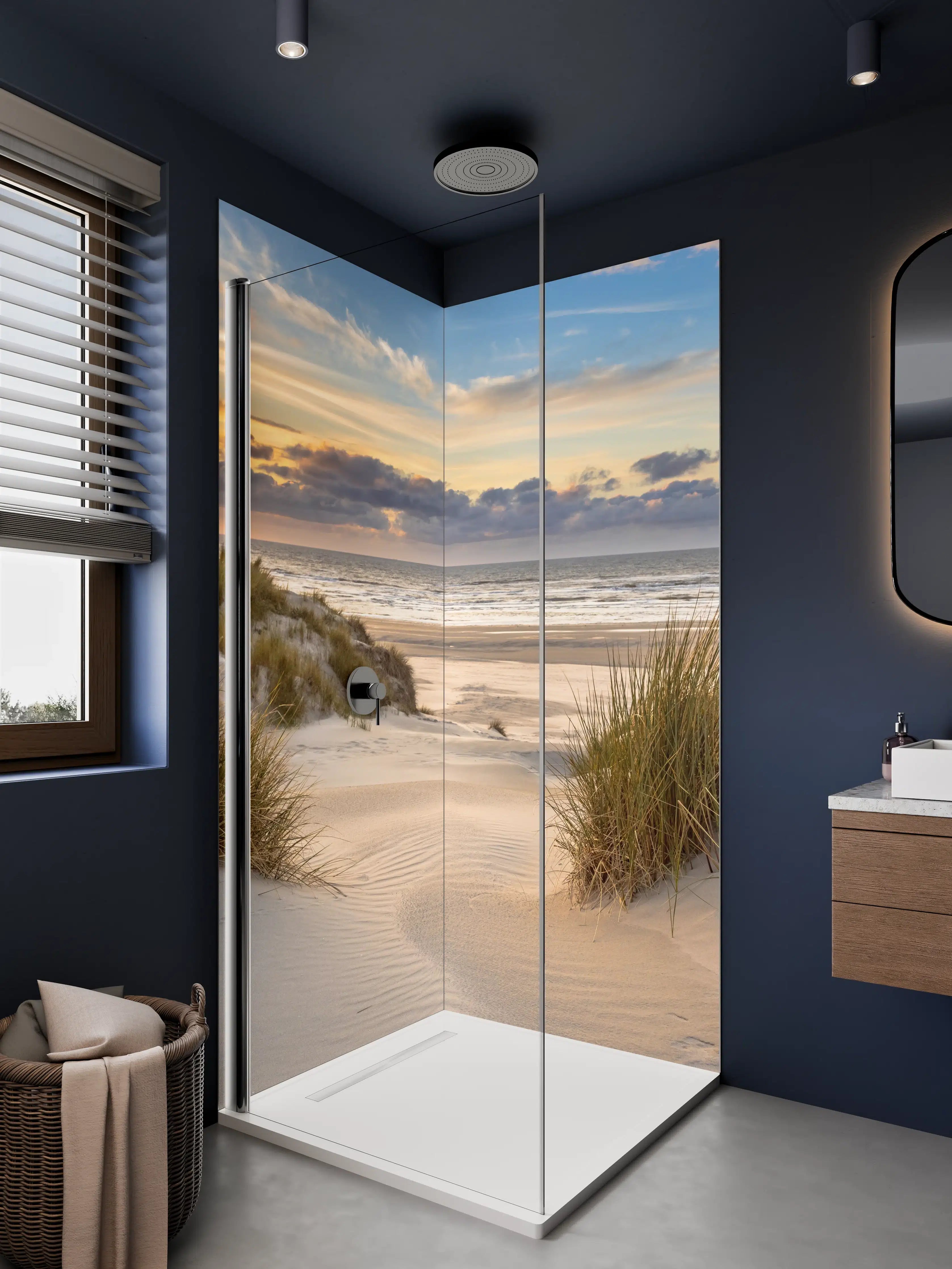 Duschrückwand - Sonnenuntergang an der Küste mit Sanddünen