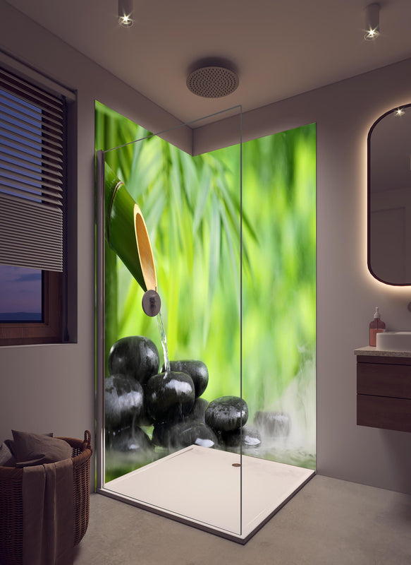 Duschrückwand - Spa-Stillleben mit Bambusbrunnen in hellem Badezimmer mit Regenduschkopf  - zweiteilige Eck-Duschrückwand