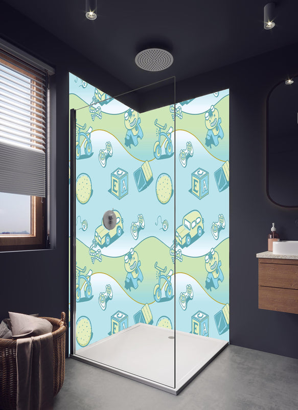Duschrückwand - Spielzeug Illustrationsmuster Blau Gelb in hellem Badezimmer mit Regenduschkopf  - zweiteilige Eck-Duschrückwand