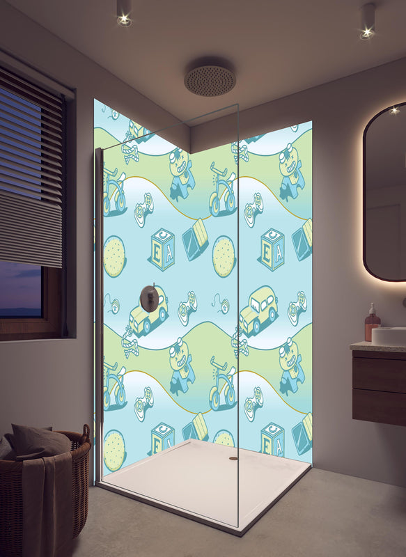 Duschrückwand - Spielzeug Illustrationsmuster Blau Gelb in hellem Badezimmer mit Regenduschkopf  - zweiteilige Eck-Duschrückwand