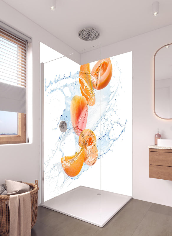 Duschrückwand - Spritzige Aprikosen in hellem Badezimmer mit Regenduschkopf  - zweiteilige Eck-Duschrückwand