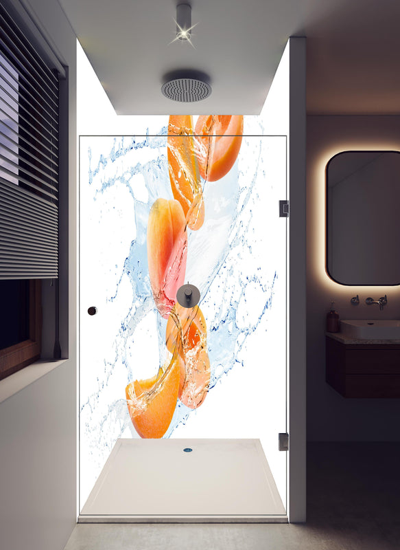 Duschrückwand - Spritzige Aprikosen in hellem Badezimmer mit Regenduschkopf  - zweiteilige Eck-Duschrückwand