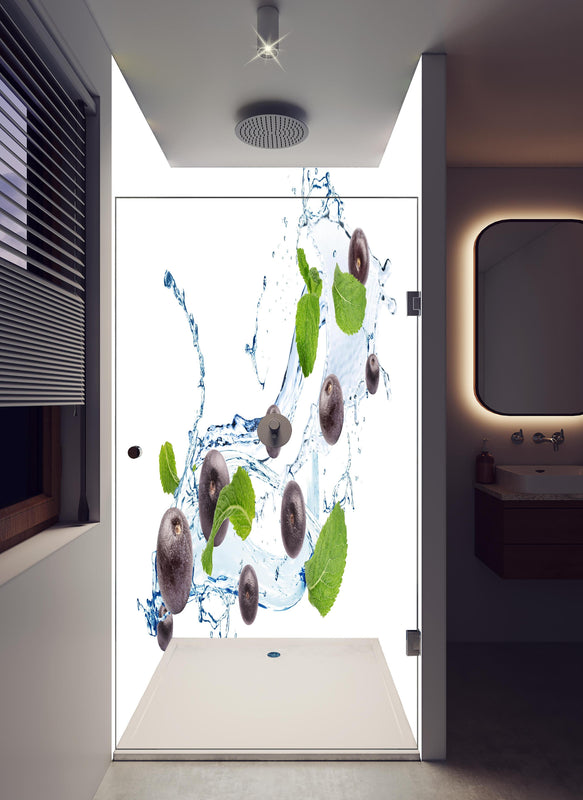 Duschrückwand - Spritzige Blaubeeren in hellem Badezimmer mit Regenduschkopf  - zweiteilige Eck-Duschrückwand