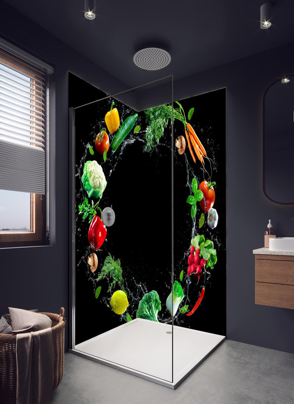 Duschrückwand - Spritzige Gemüsesorten in hellem Badezimmer mit Regenduschkopf  - zweiteilige Eck-Duschrückwand