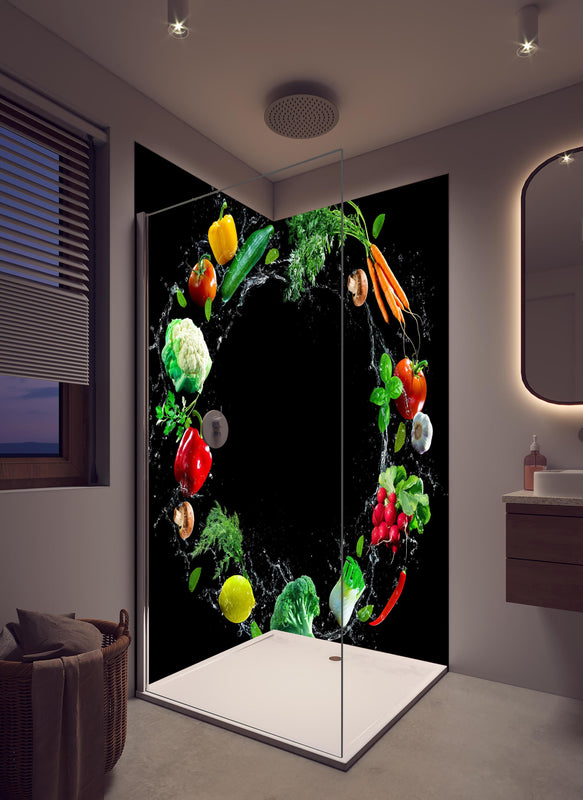 Duschrückwand - Spritzige Gemüsesorten in hellem Badezimmer mit Regenduschkopf  - zweiteilige Eck-Duschrückwand