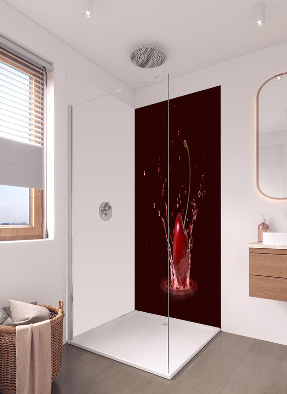 Duschrückwand - Spritzige Kirsche in hellem Badezimmer mit Regenduschkopf  - zweiteilige Eck-Duschrückwand