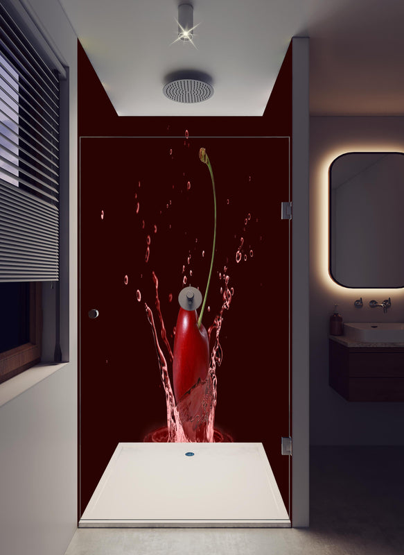 Duschrückwand - Spritzige Kirsche in hellem Badezimmer mit Regenduschkopf  - zweiteilige Eck-Duschrückwand