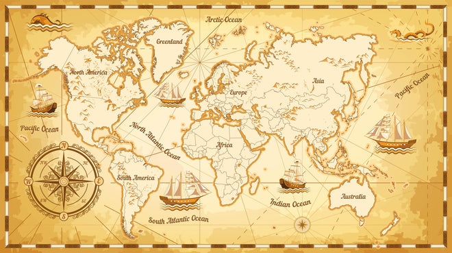 Duschrückwand - Stilisierte Vintage Weltkarte mit Segelschiffen
