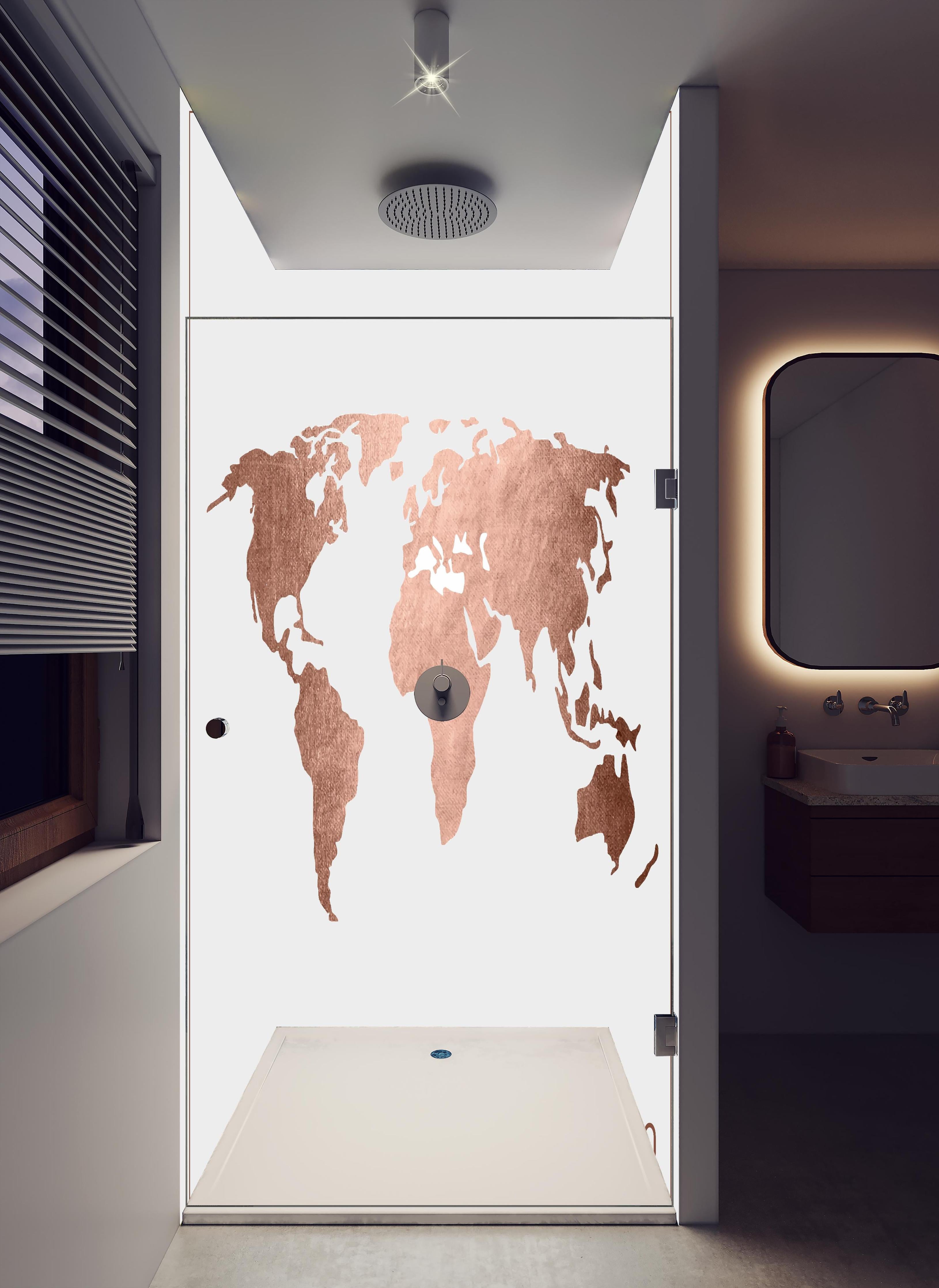 Duschrückwand - Stilisierte Weltkarte in Roségold EPS Format in hellem Badezimmer mit Regenduschkopf  - zweiteilige Eck-Duschrückwand