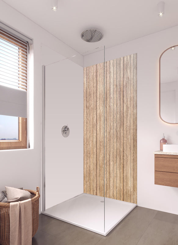 Duschrückwand - Stilvolle Eschenholzdielen in hellem Badezimmer mit Regenduschkopf  - zweiteilige Eck-Duschrückwand