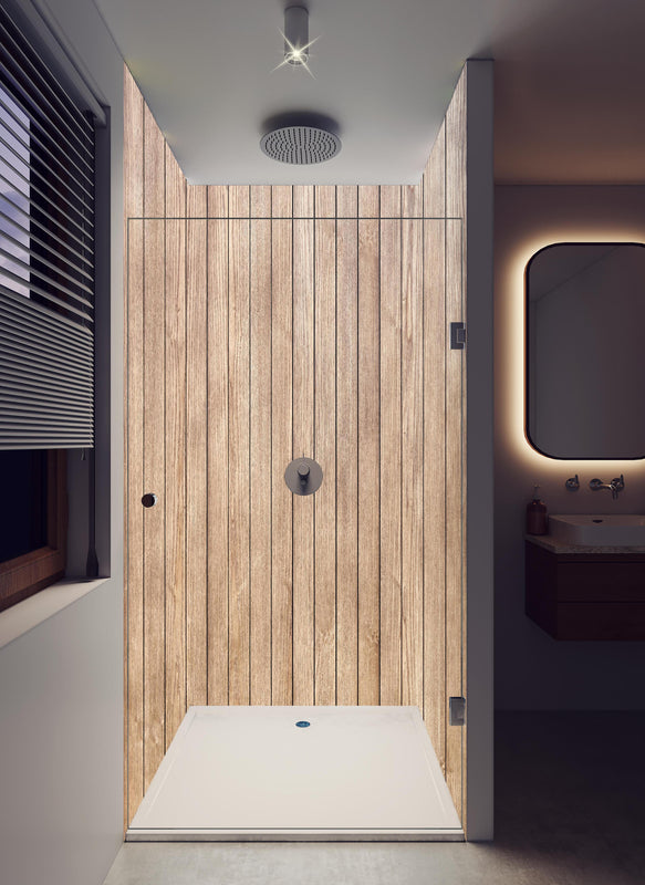 Duschrückwand - Stilvolle Eschenholzdielen in hellem Badezimmer mit Regenduschkopf  - zweiteilige Eck-Duschrückwand