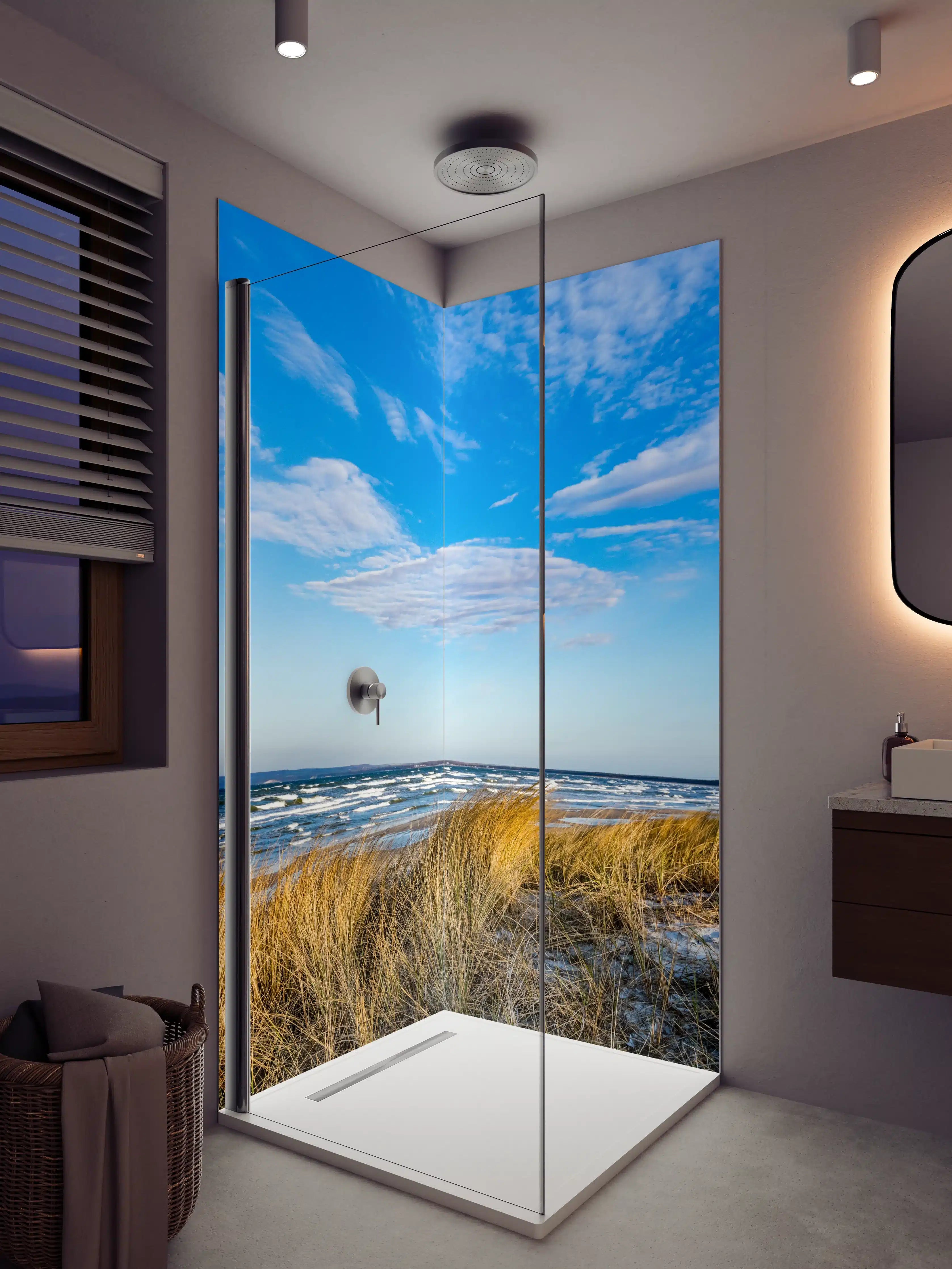 Duschrückwand - Strandlandschaft mit Sanddünen und Himmel