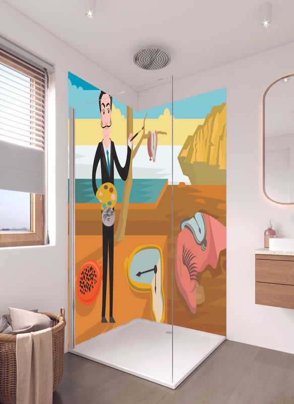 Duschrückwand - Surreales Gemälde Meeresküste mit Uhren in hellem Badezimmer mit Regenduschkopf  - zweiteilige Eck-Duschrückwand