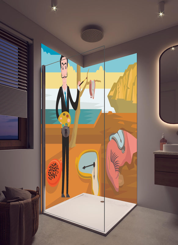 Duschrückwand - Surreales Gemälde Meeresküste mit Uhren in hellem Badezimmer mit Regenduschkopf  - zweiteilige Eck-Duschrückwand